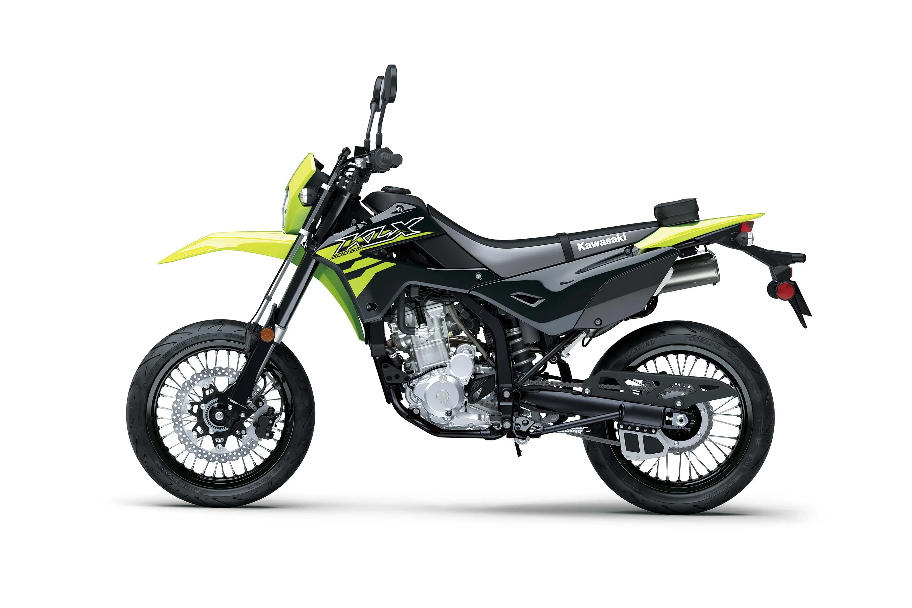 Profile angle of a motorcycle staged in a white studio background.