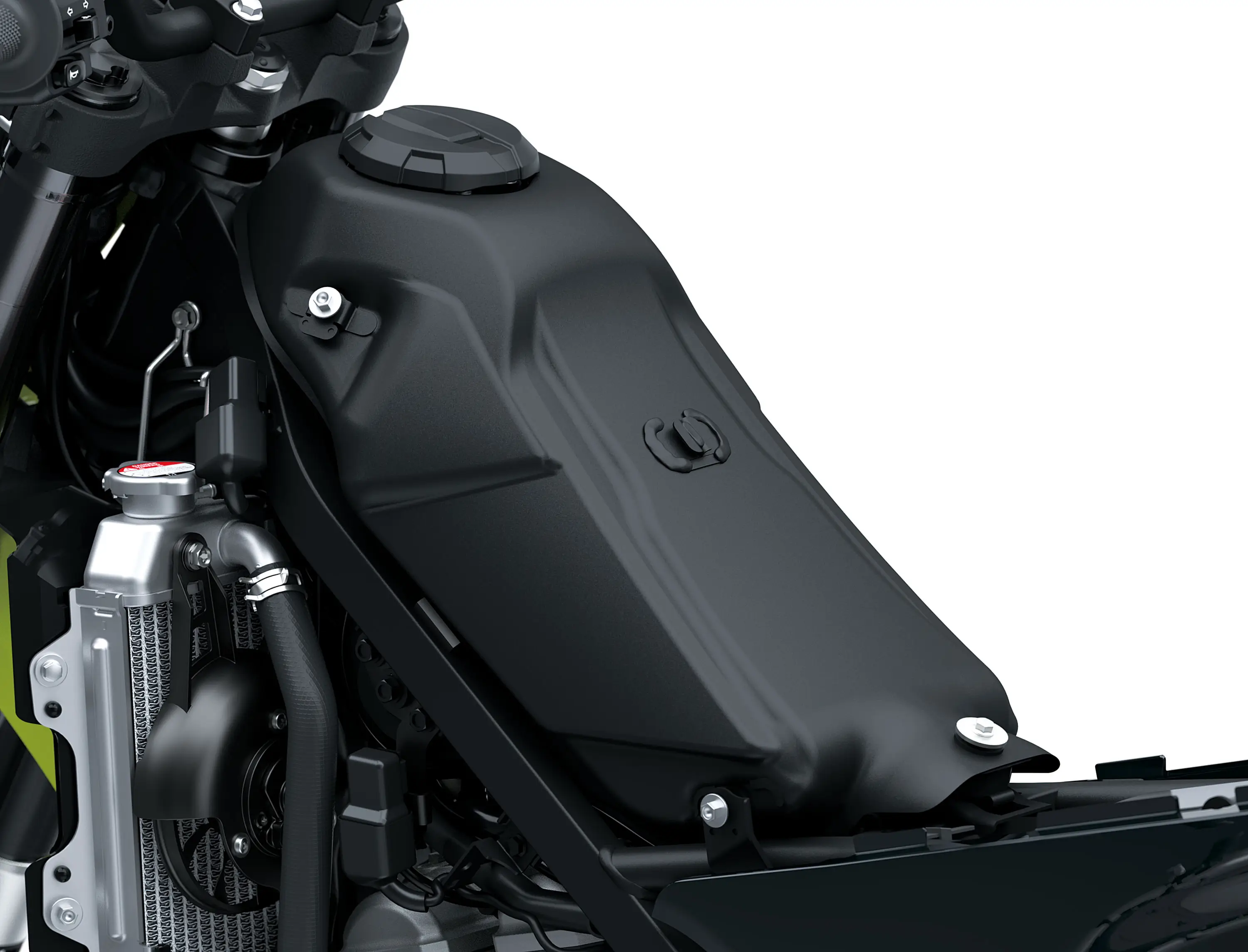 Under seat of a motorcycle staged in a white studio background.