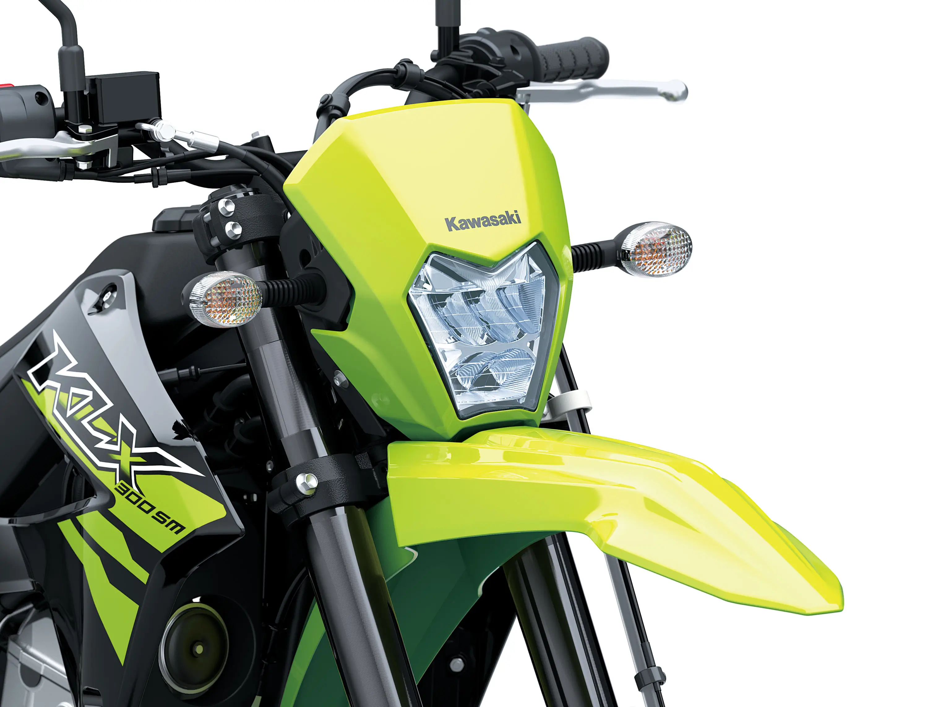 Front nose of a motorcycle staged in a white studio background.