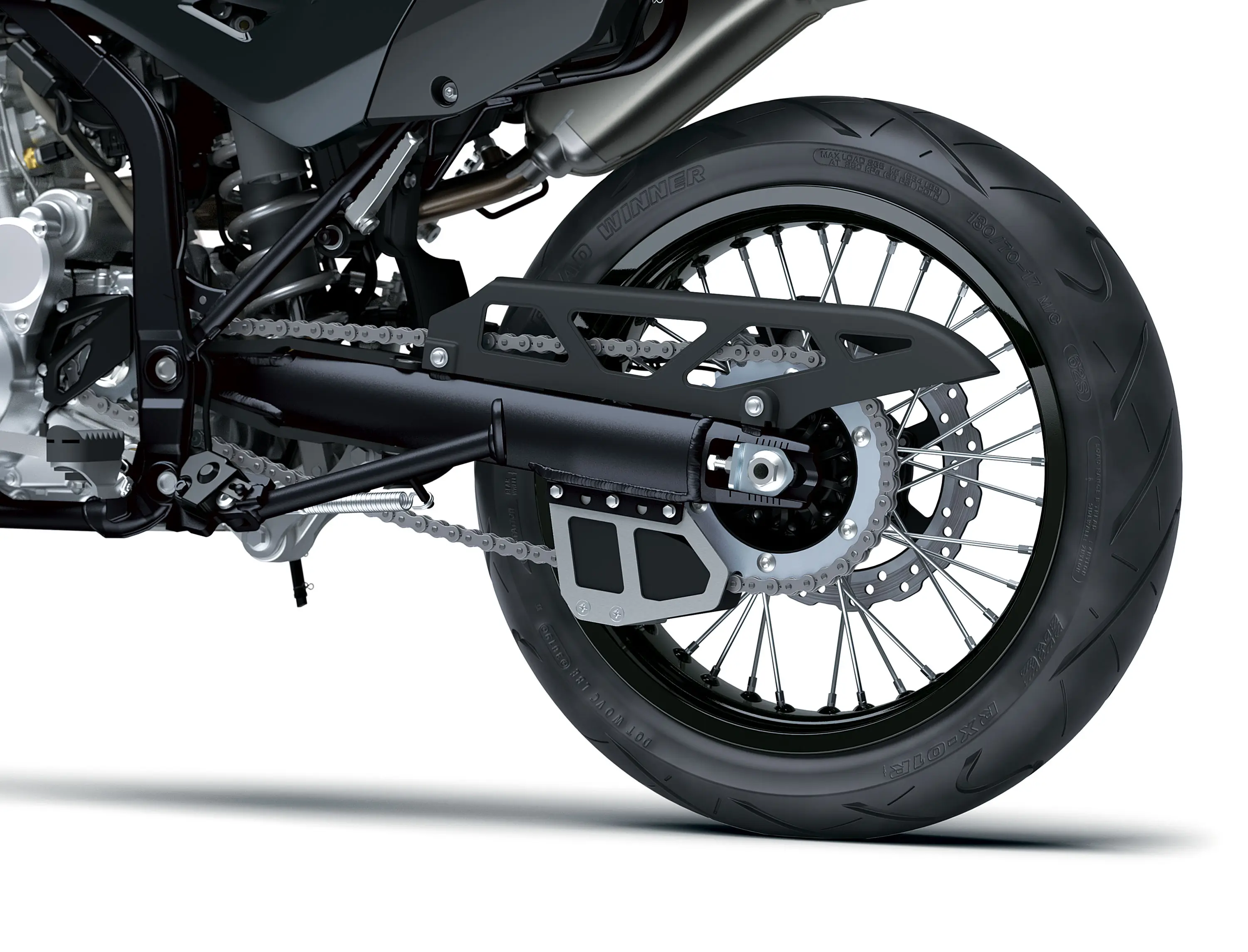 Rear wheel of a motorcycle staged in a white studio background.