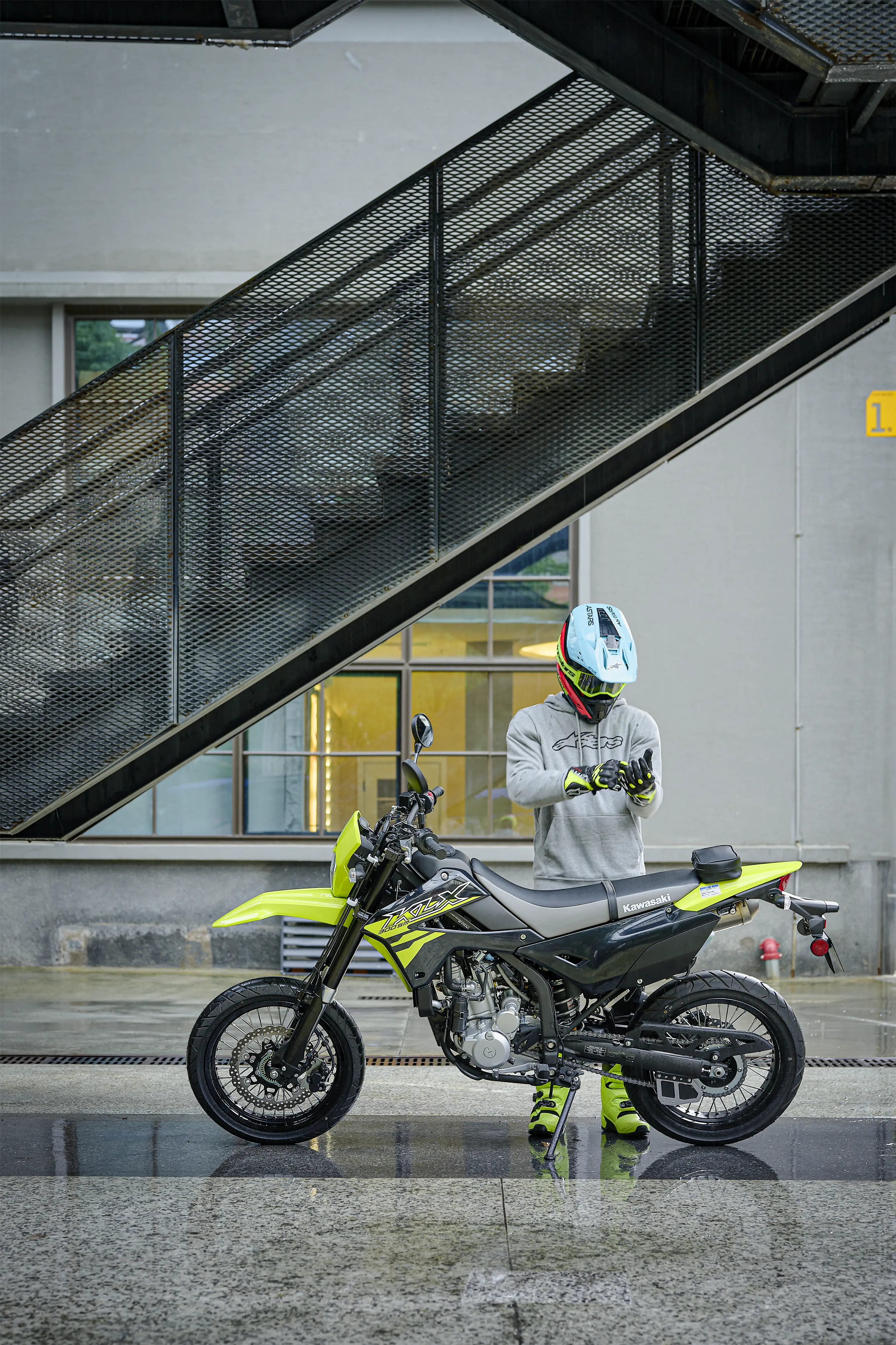 Side angle of a motorcycle parked.