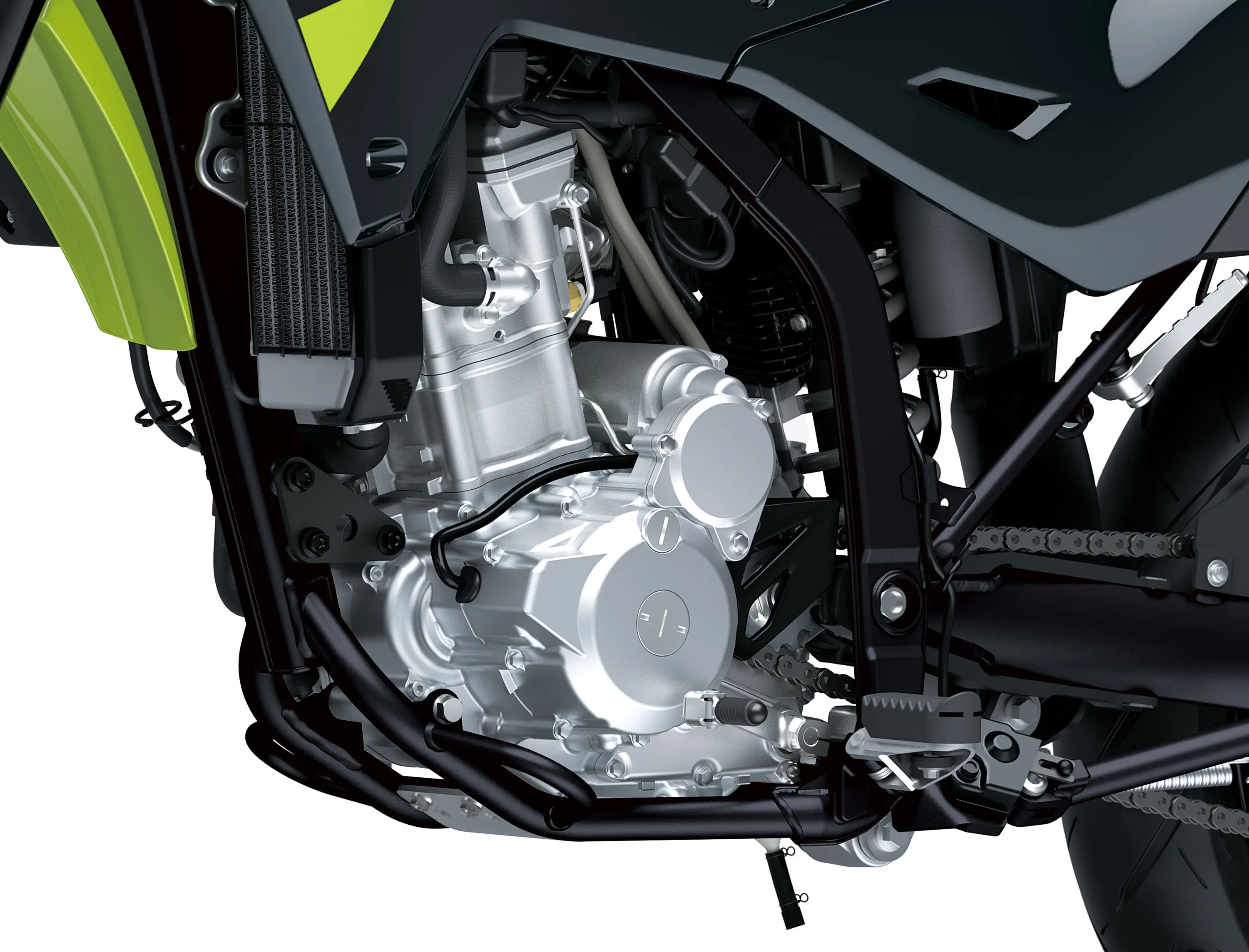 Engine of a motorcycle staged in a white studio background.