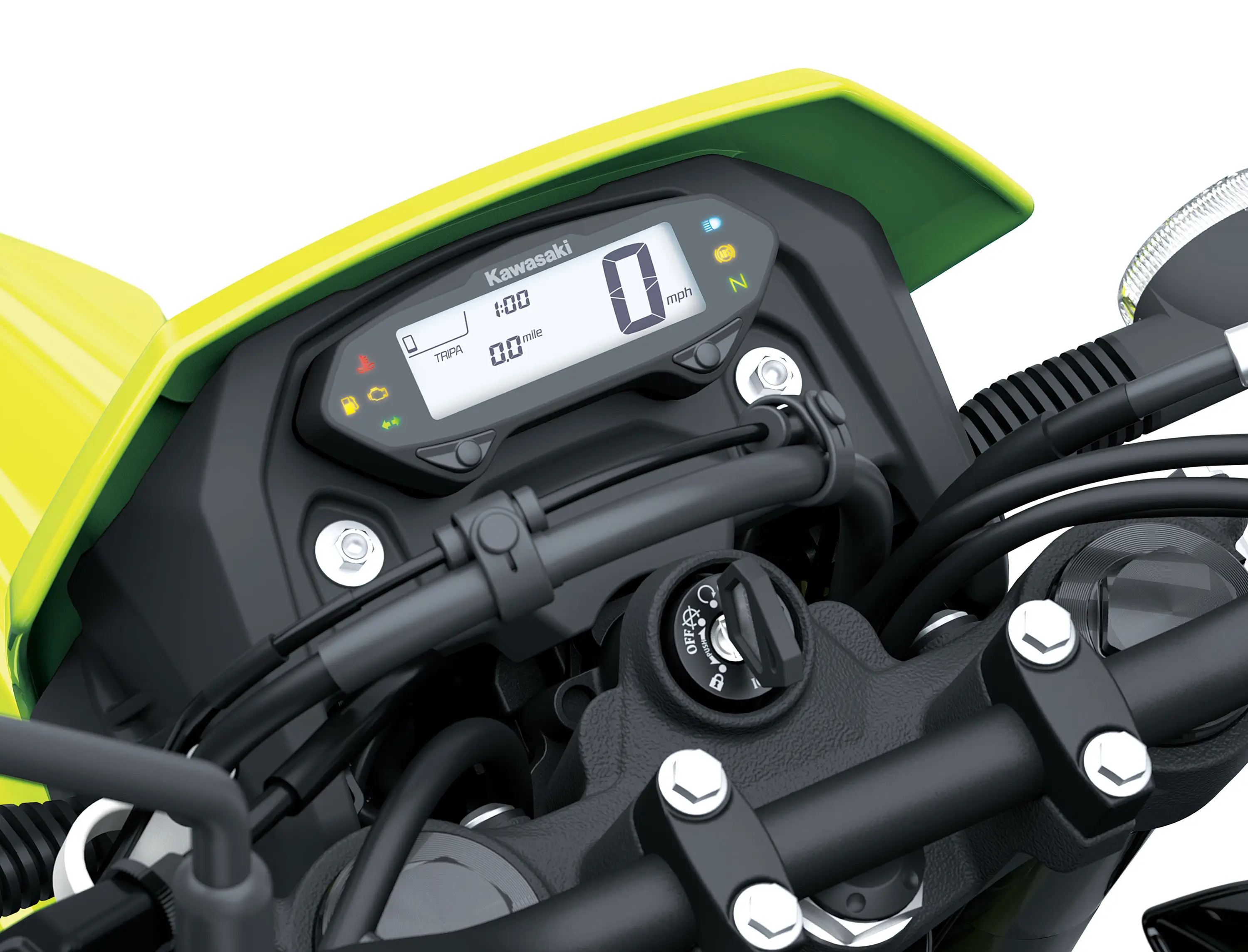 TFT screen of a motorcycle staged in a white studio background.