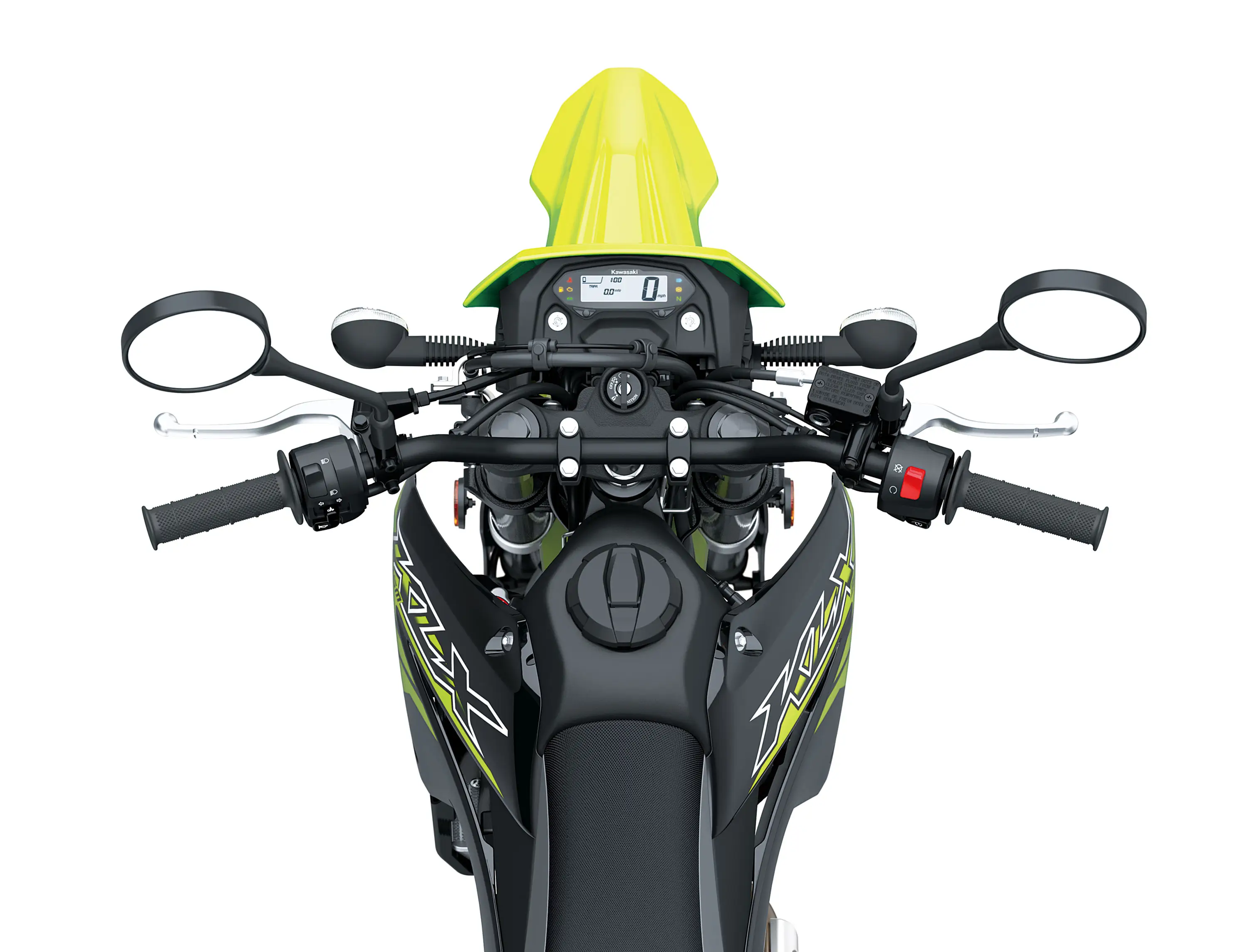 Overhead nose of a motorcycle staged in a white studio background.