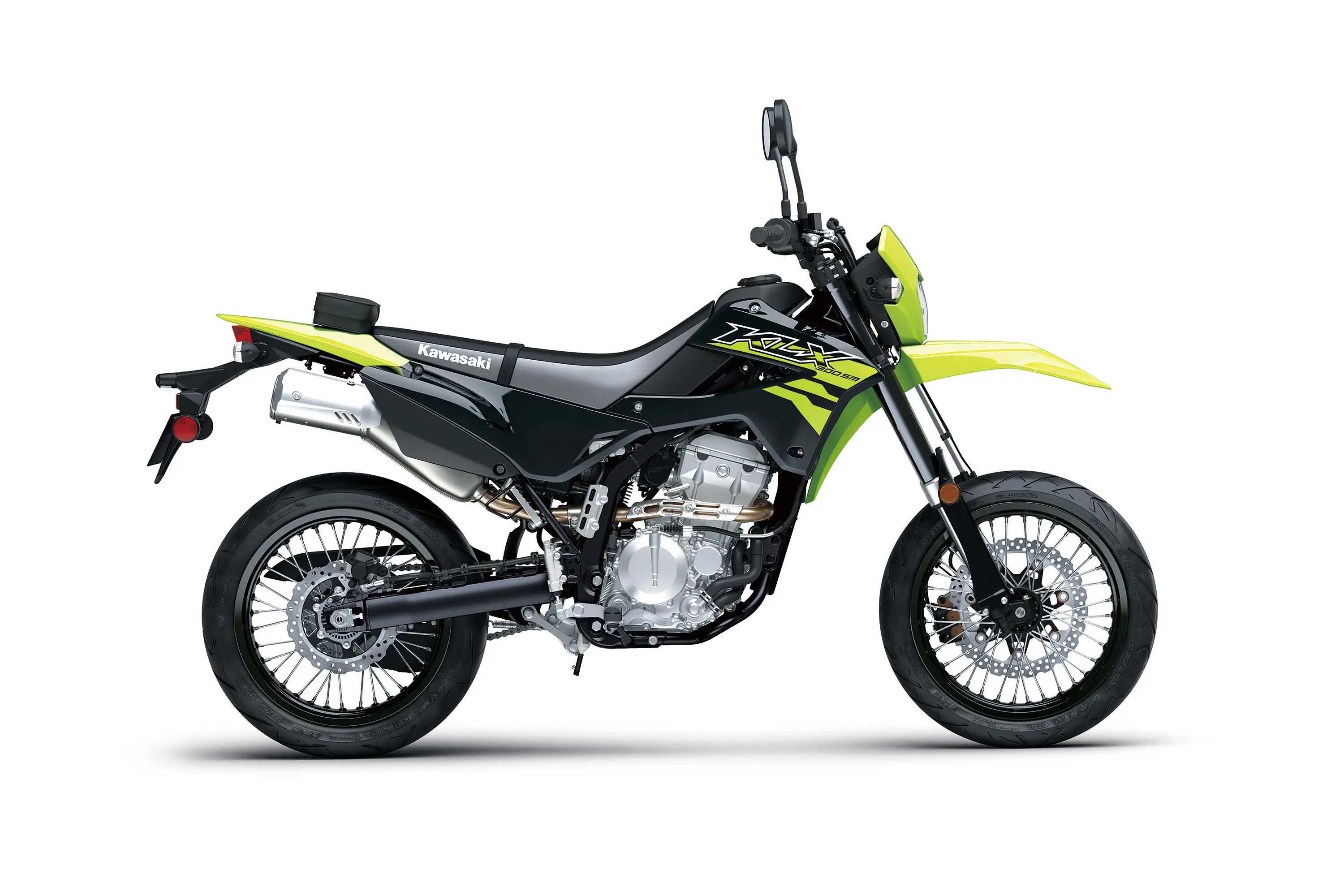 Side angle of a motorcycle staged in a white studio background.