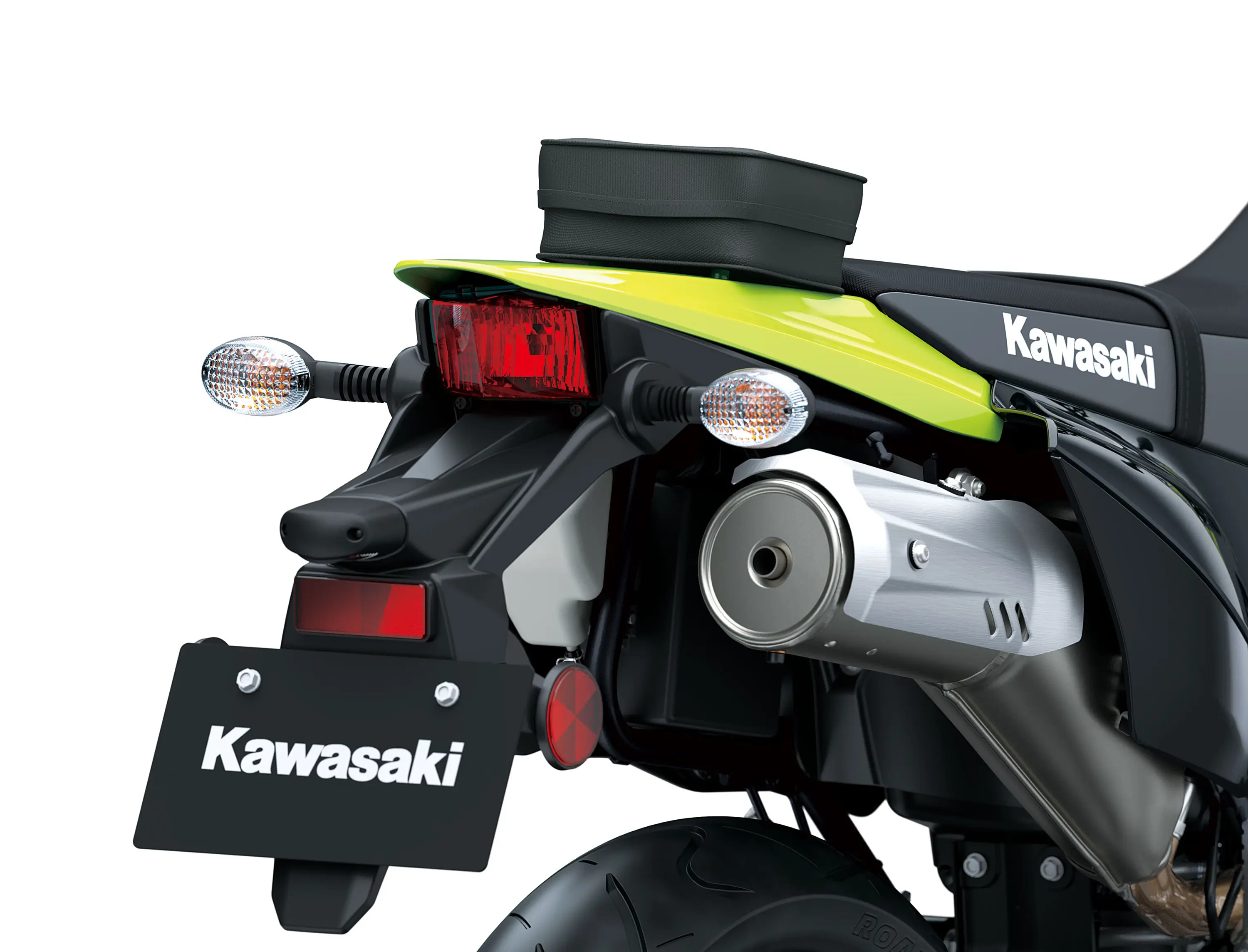 Tail of a motorcycle staged in a white studio background.