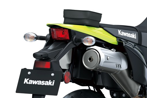 Tail of a motorcycle staged in a white studio background. opens in a new window