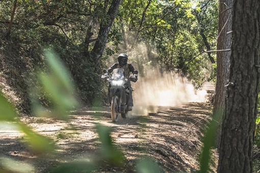 Front angle of a person riding a motorcycle off-road. opens in a new window