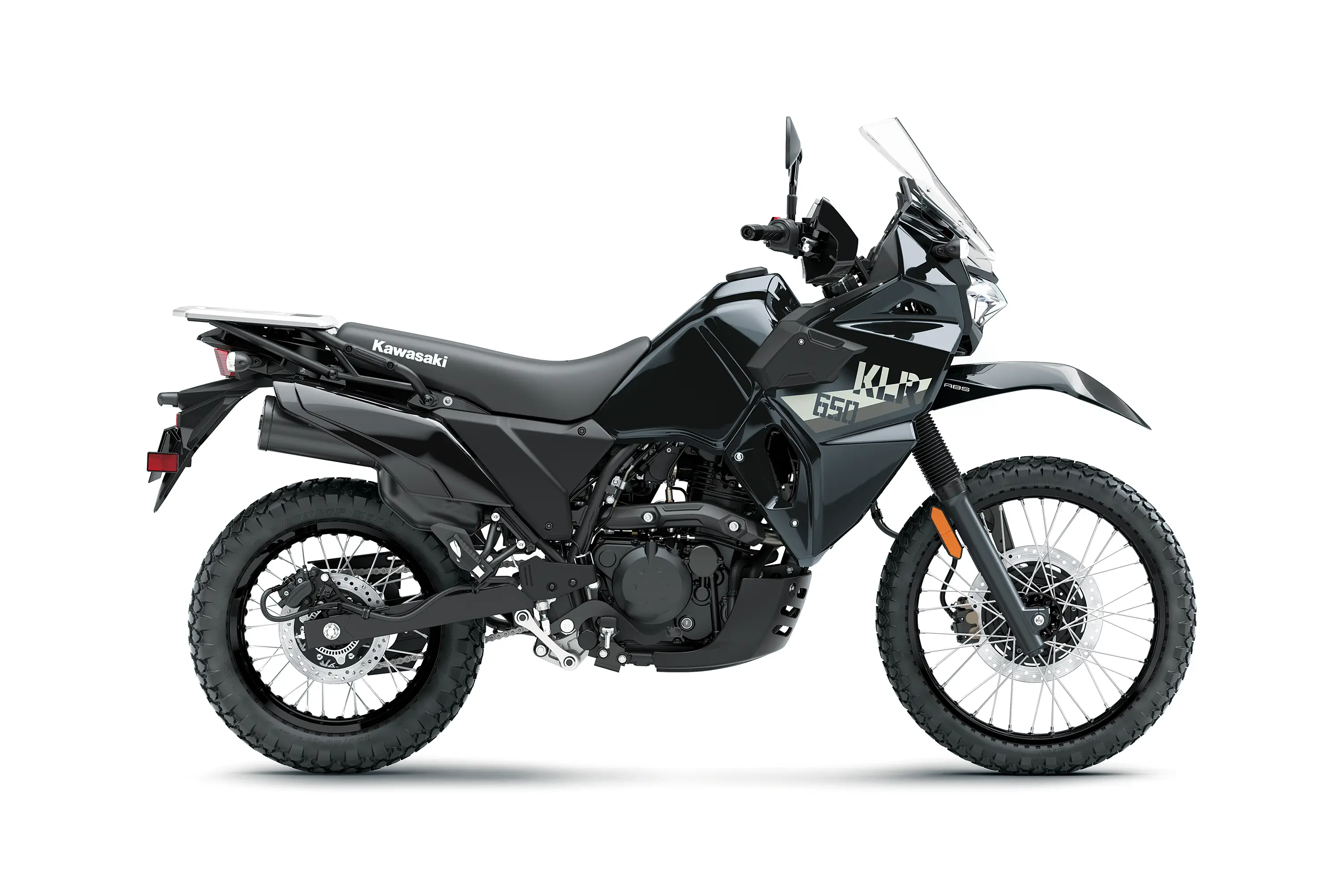 Side angle of a motorcycle staged in a white studio background.