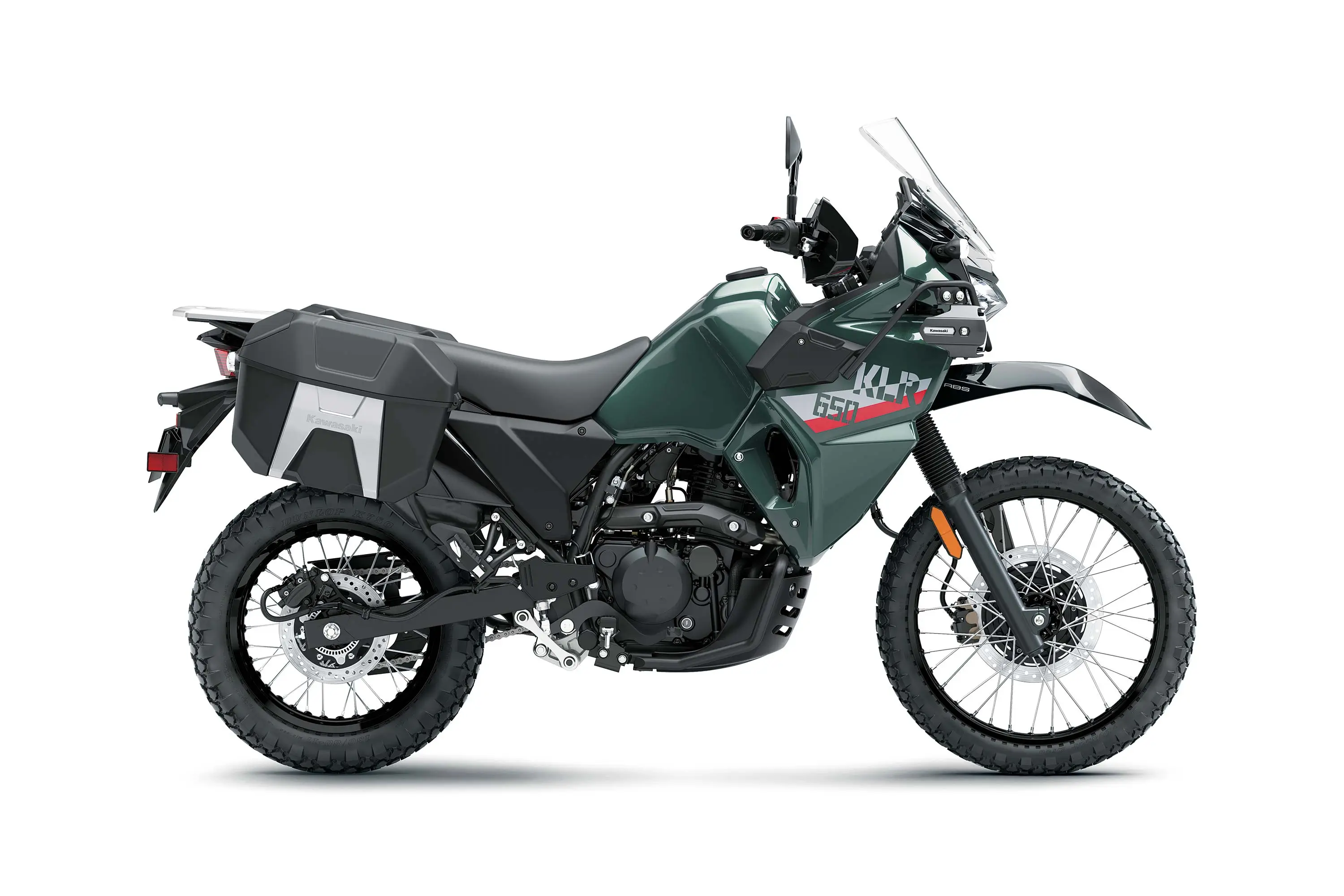 Profile angle of a green motorcycle staged in a white studio background.