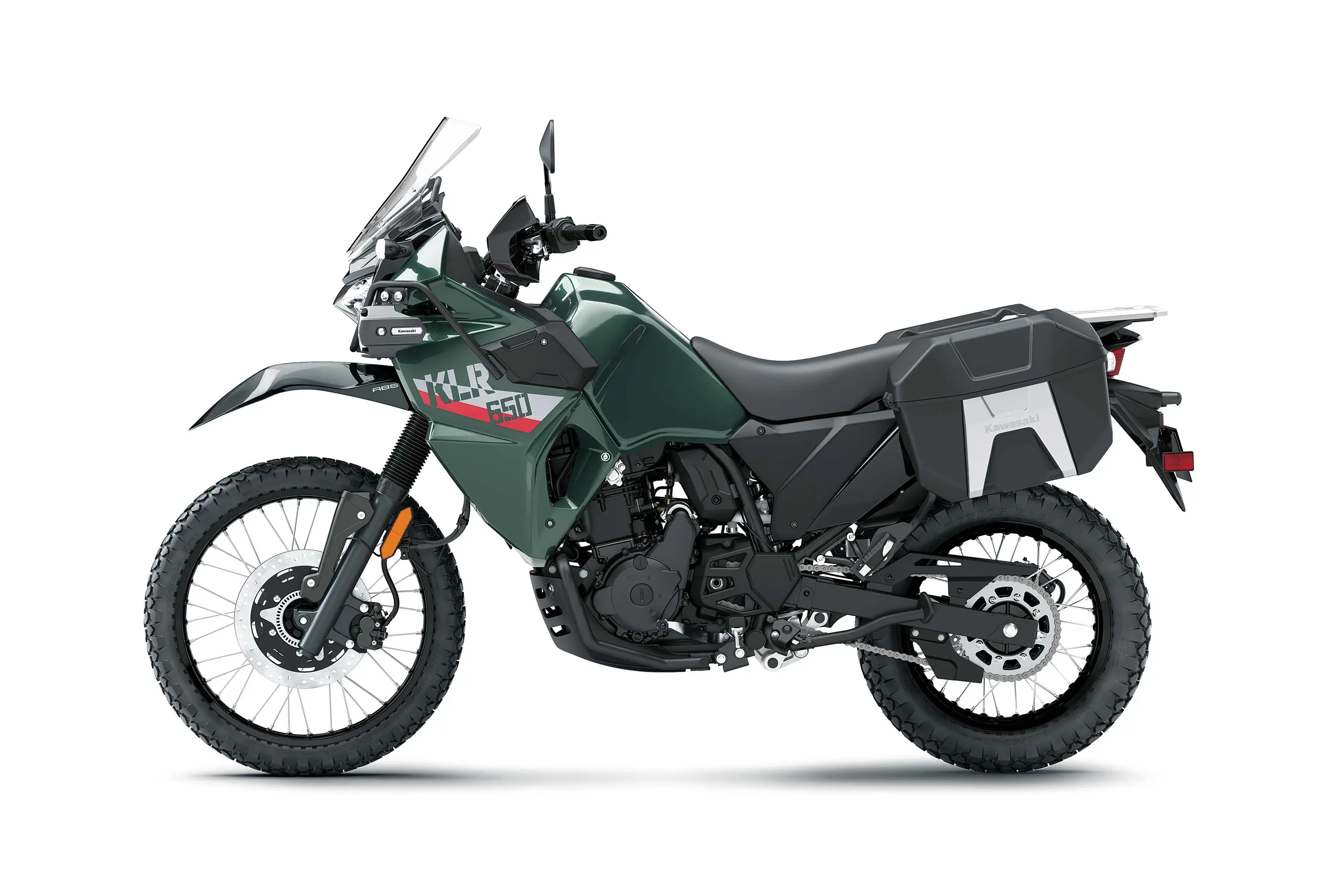 Side angle of a green motorcycle staged in a white studio background.