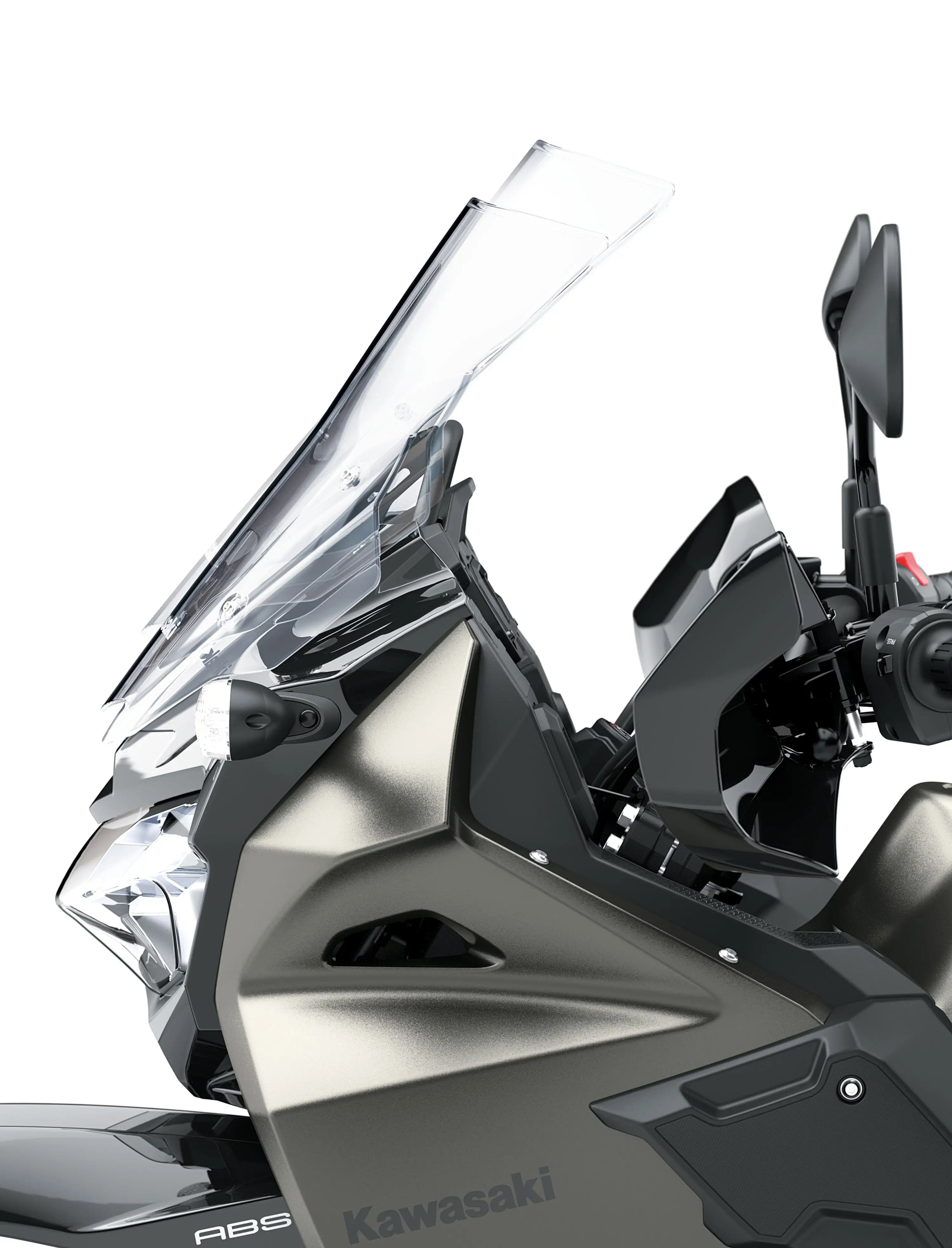 Side of the nose of a motorcycle staged in a white studio background.
