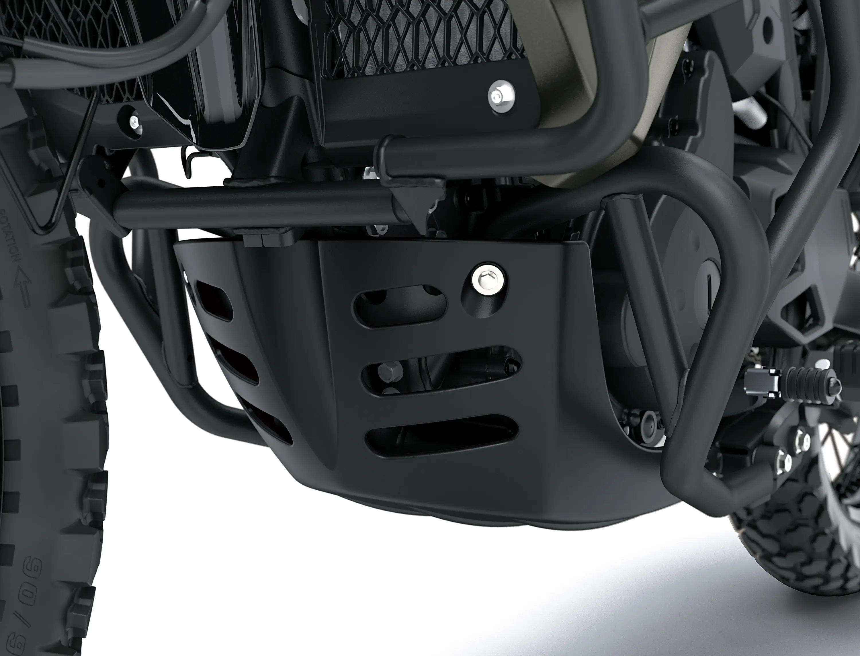 Engine cover of a motorcycle staged in a white studio background.