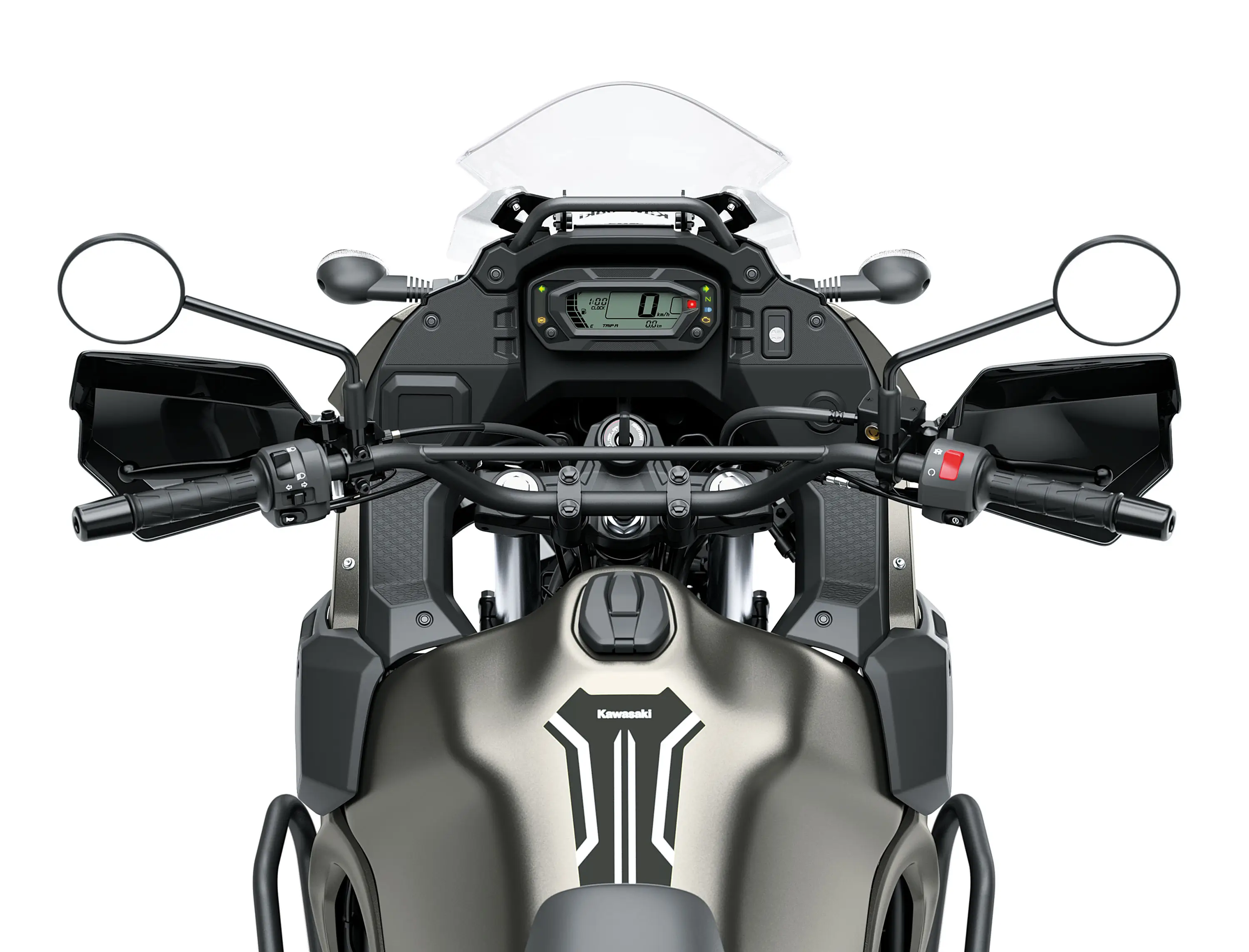 Rider POV of a motorcycle staged in a white studio background.
