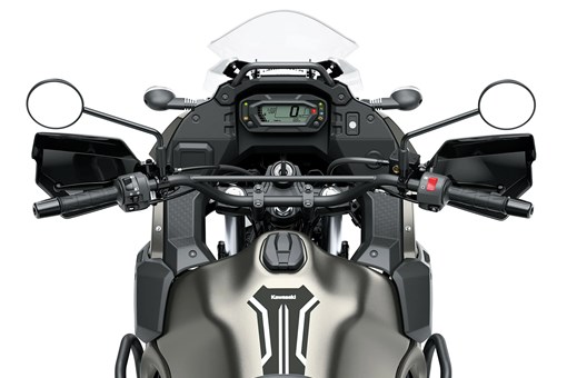 Rider POV of a motorcycle staged in a white studio background. opens in a new window