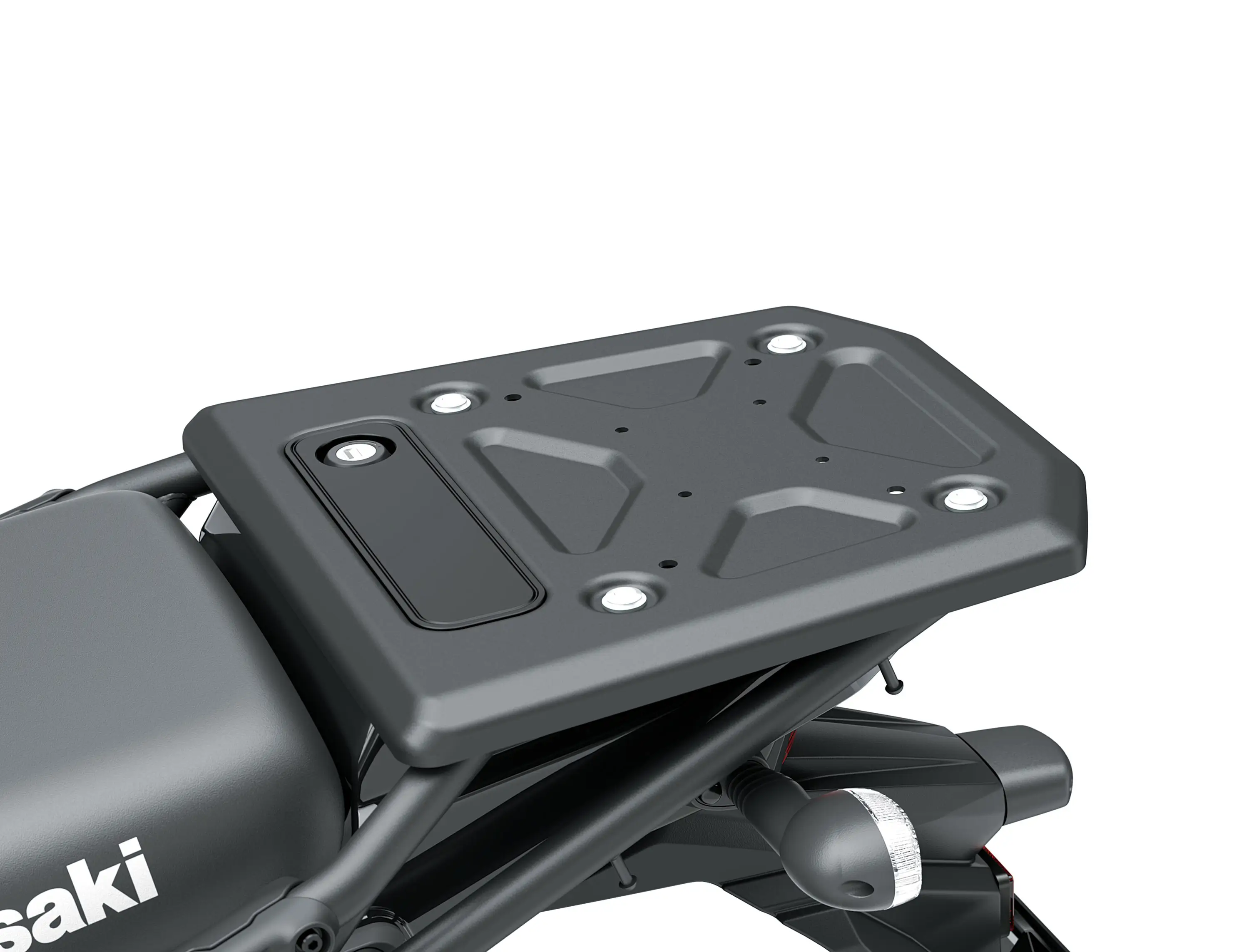 Rear storage of a motorcycle staged in a white studio background.
