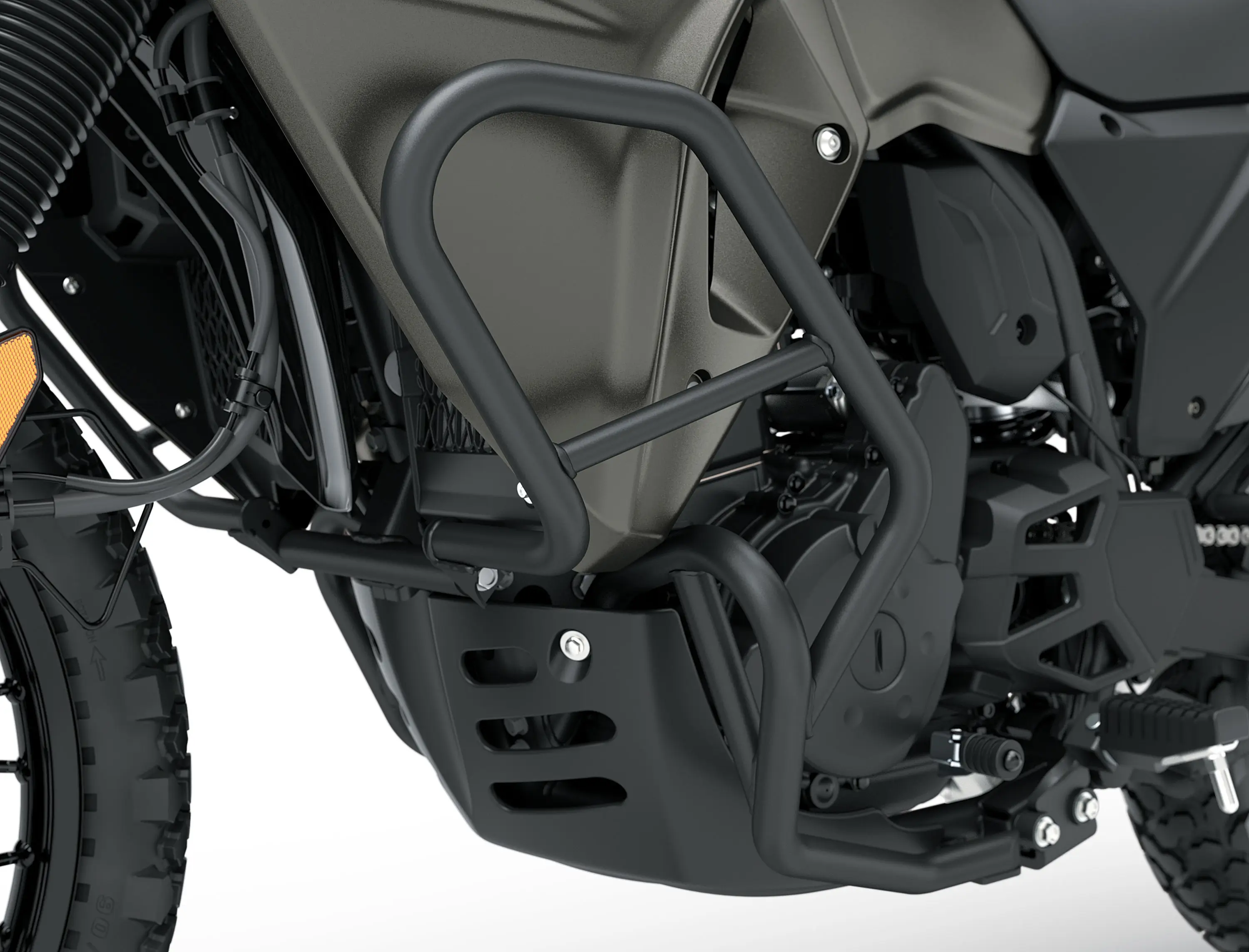 Side of engine of a motorcycle staged in a white studio background.