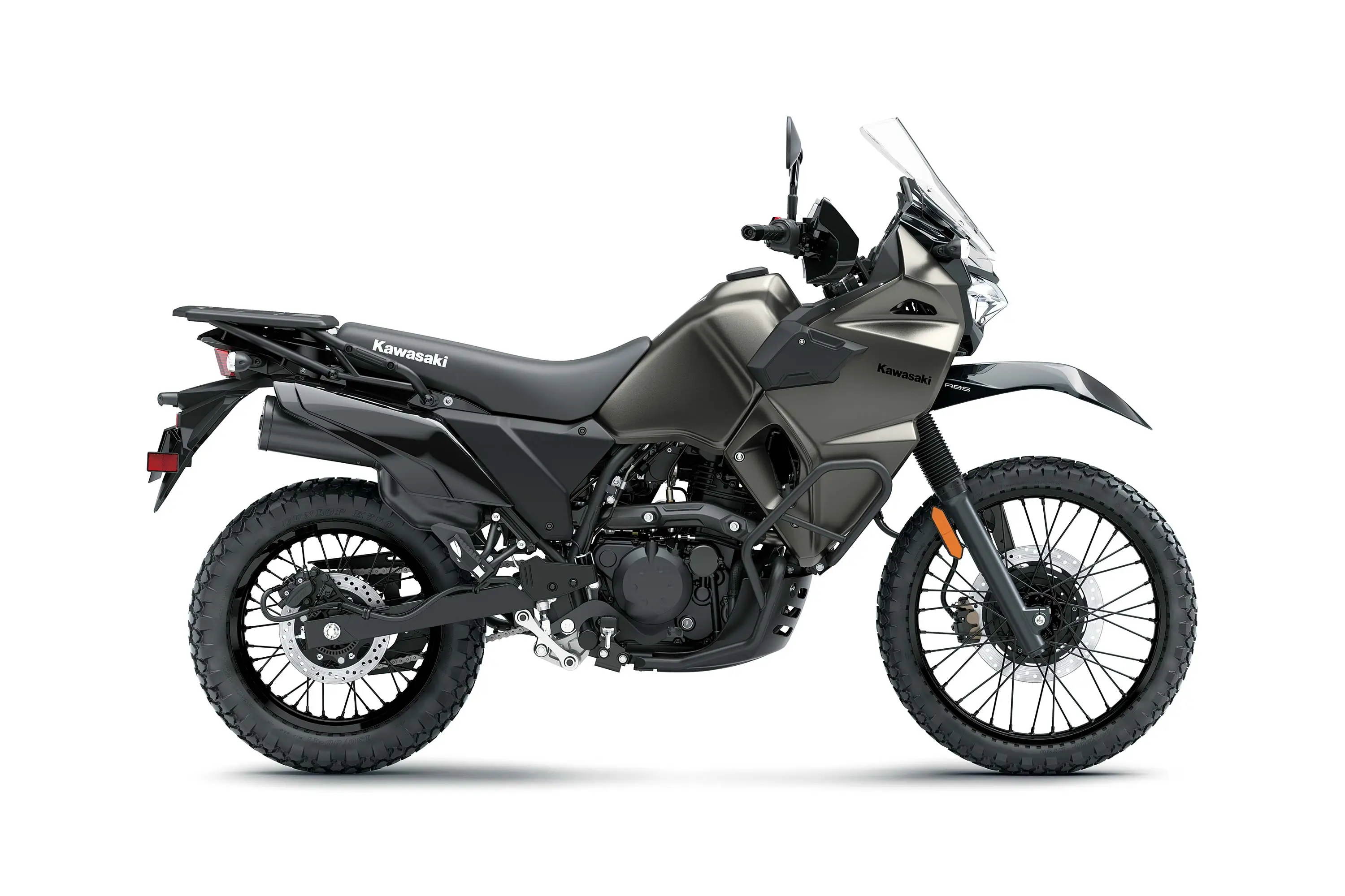 Side angle of a motorcycle staged in a white studio background.