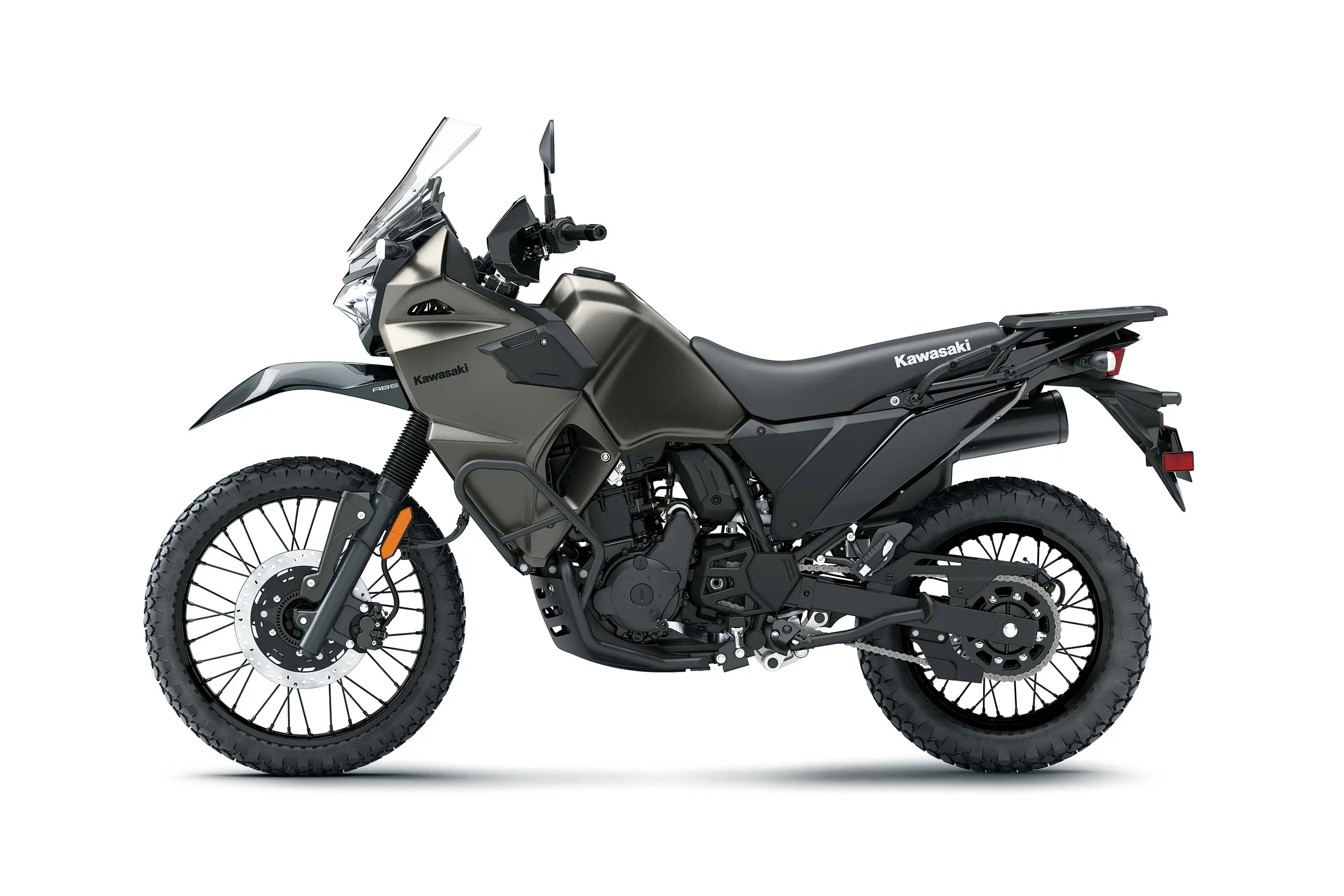 Profile angle of a motorcycle staged in a white studio background.