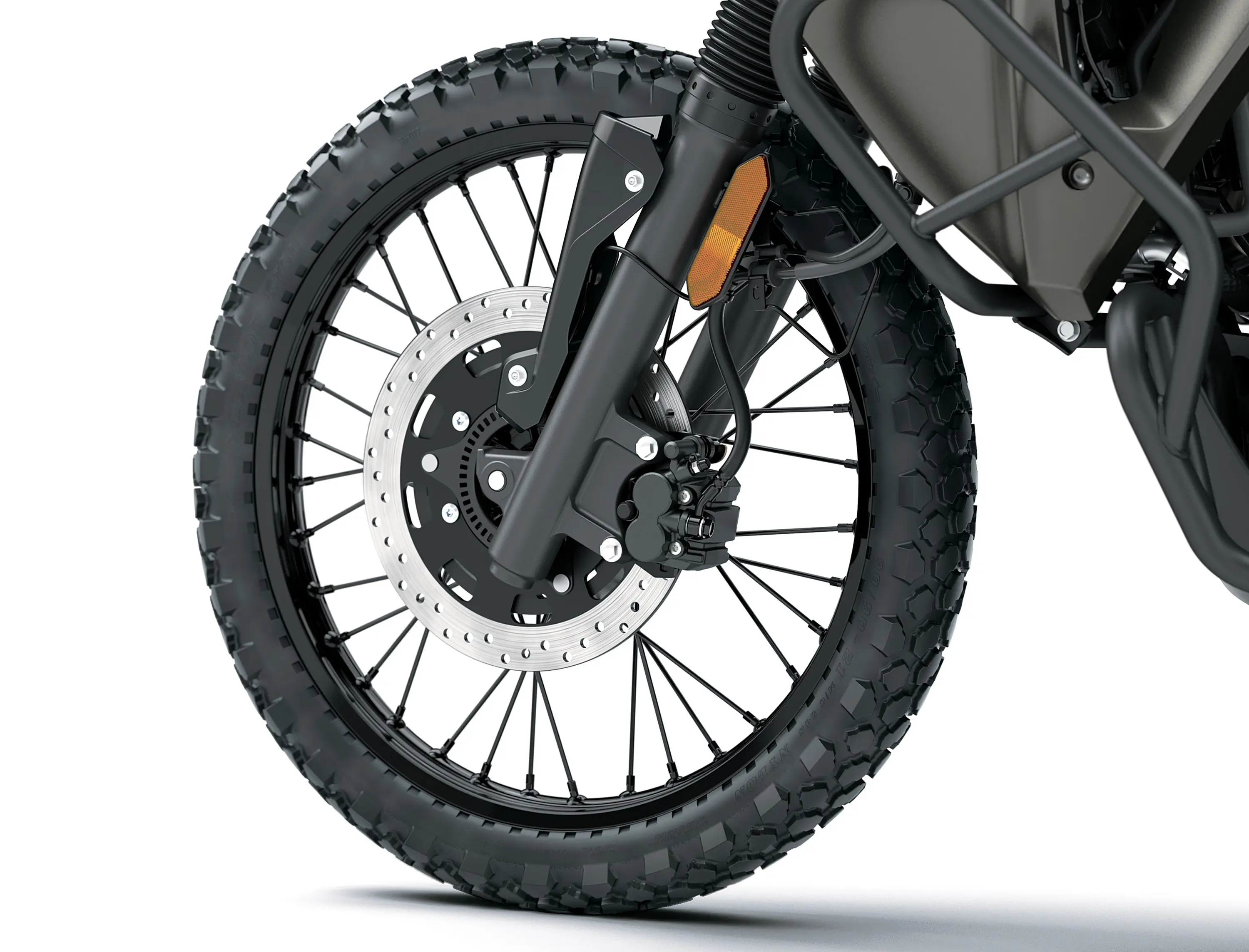 Front wheel of a motorcycle staged in a white studio background.
