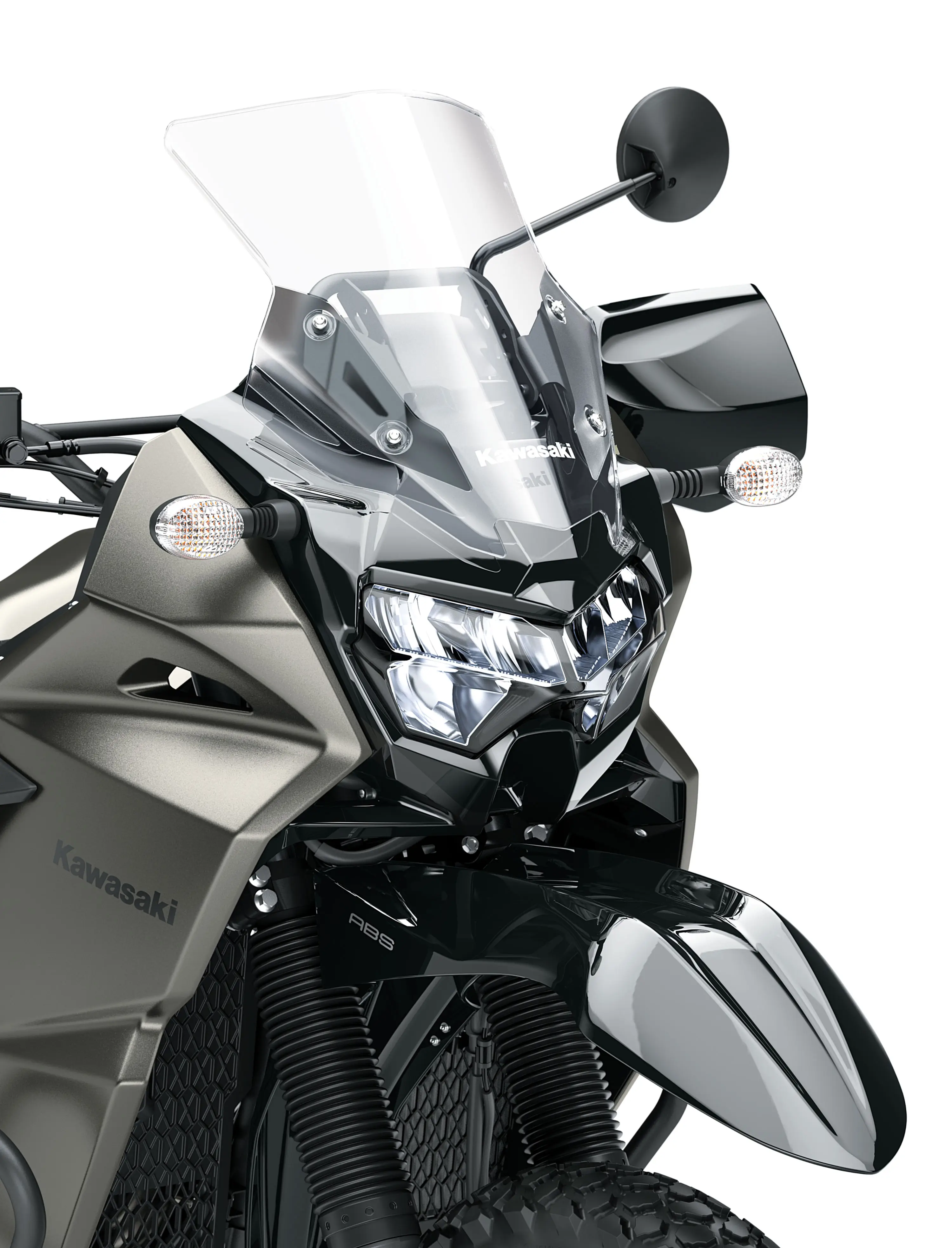 Nose of a motorcycle staged in a white studio background.