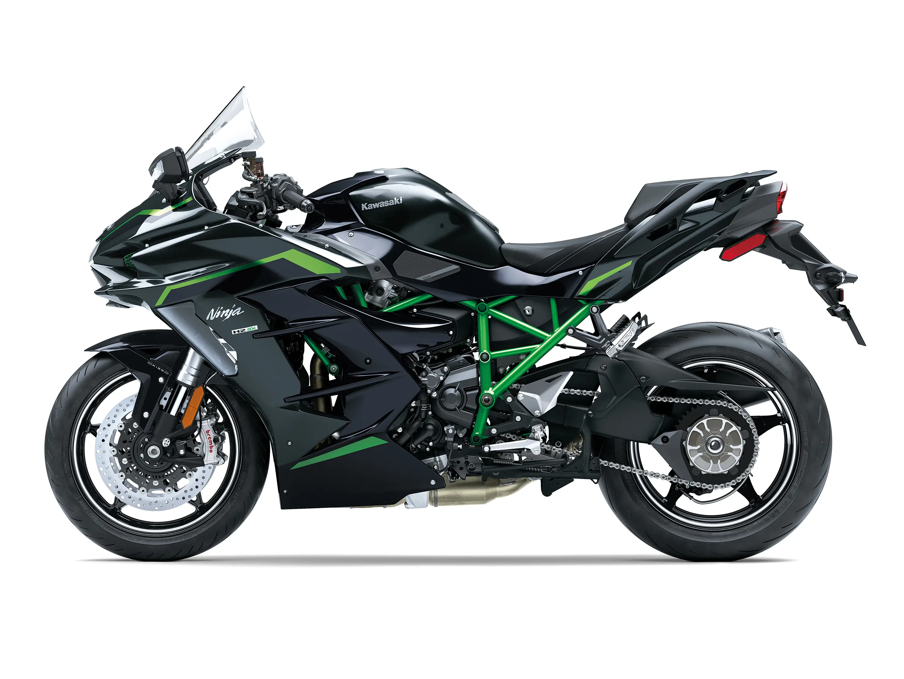 Profile angle of a motorcycle staged in a white studio background.