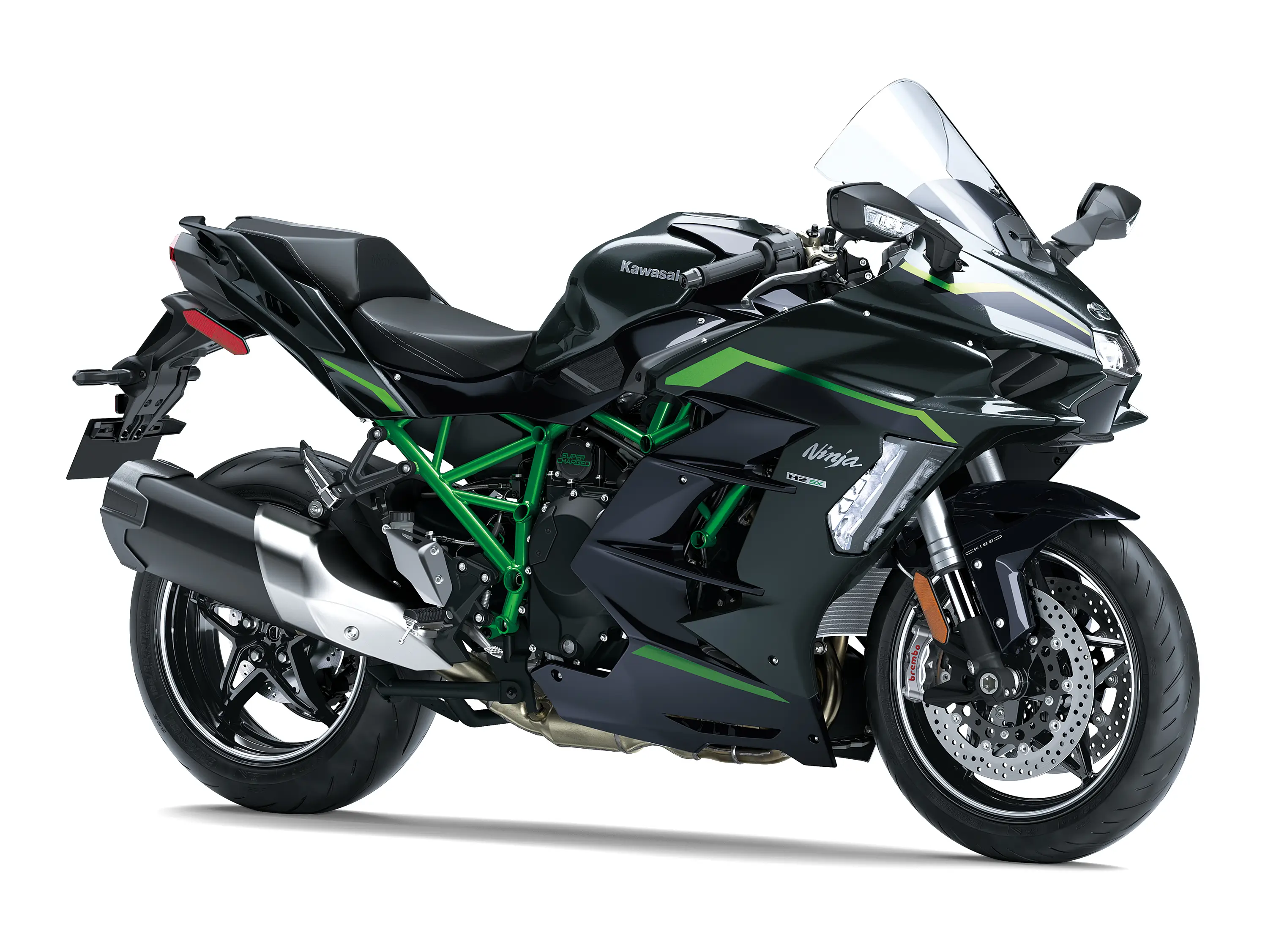 Three-quarter front angle of a motorcycle staged in a white studio background.