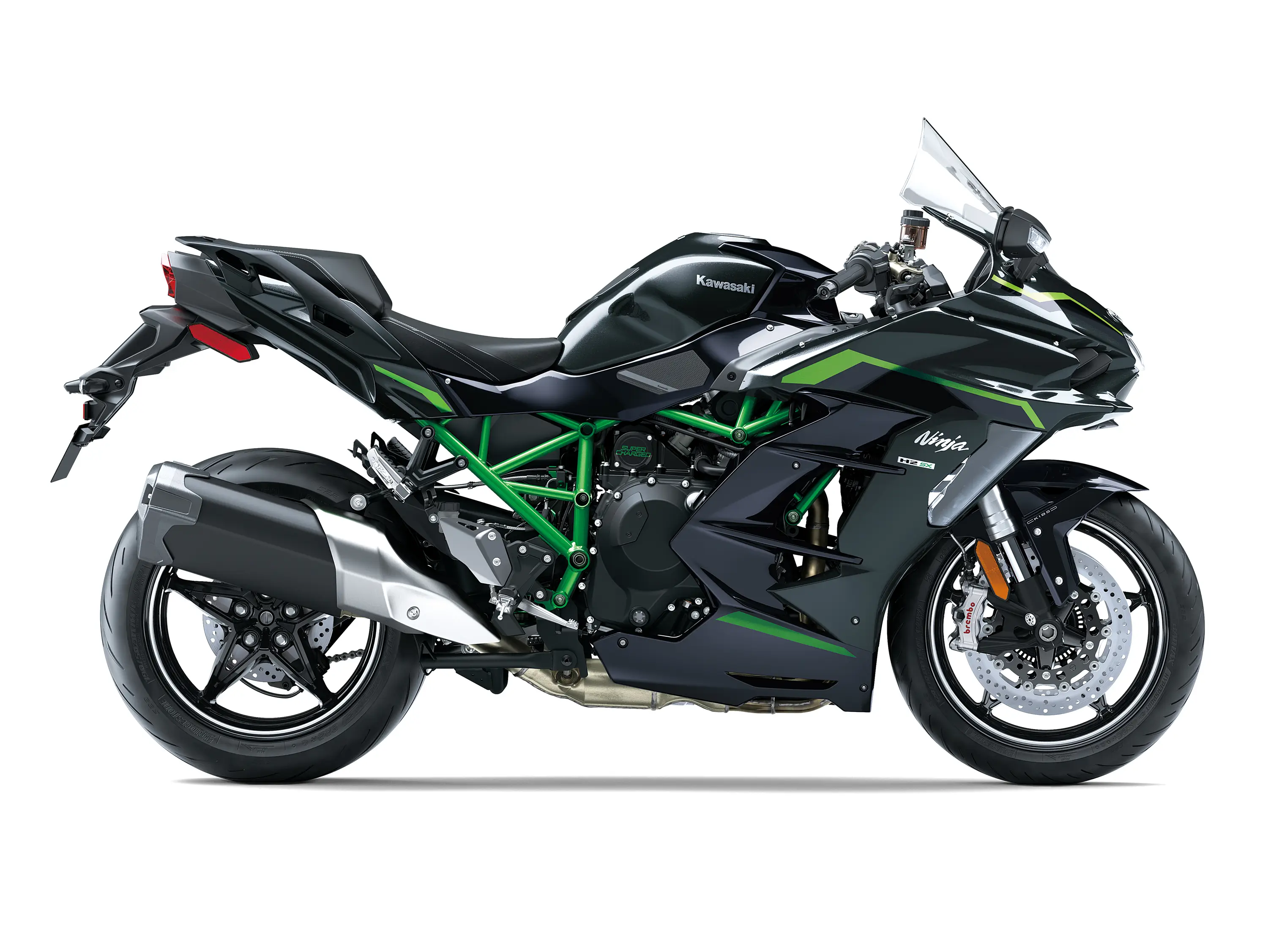 Side angle of a motorcycle staged in a white studio background.