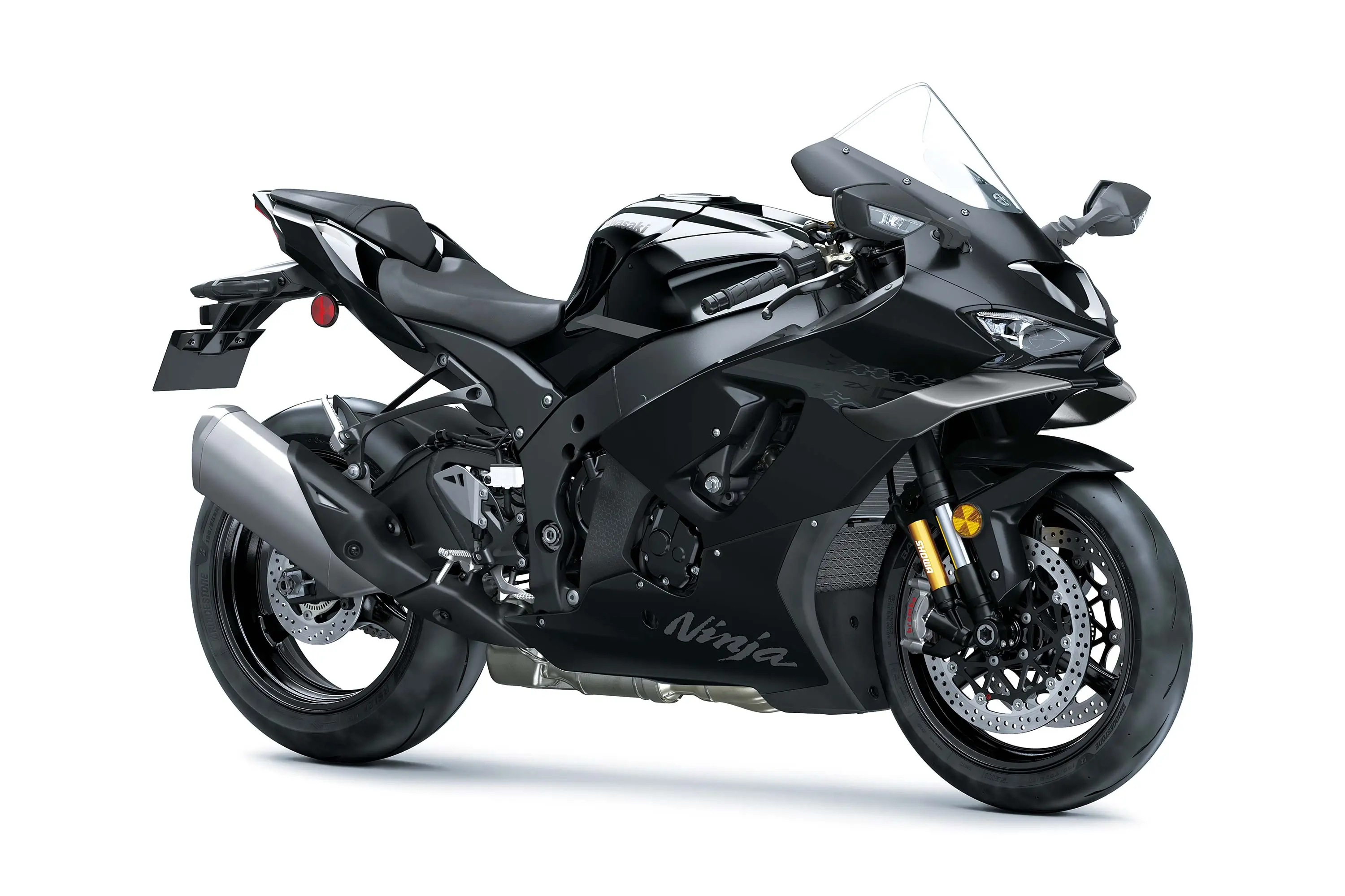 Three-quarter front angle of a black motorcycle staged in a white studio background.