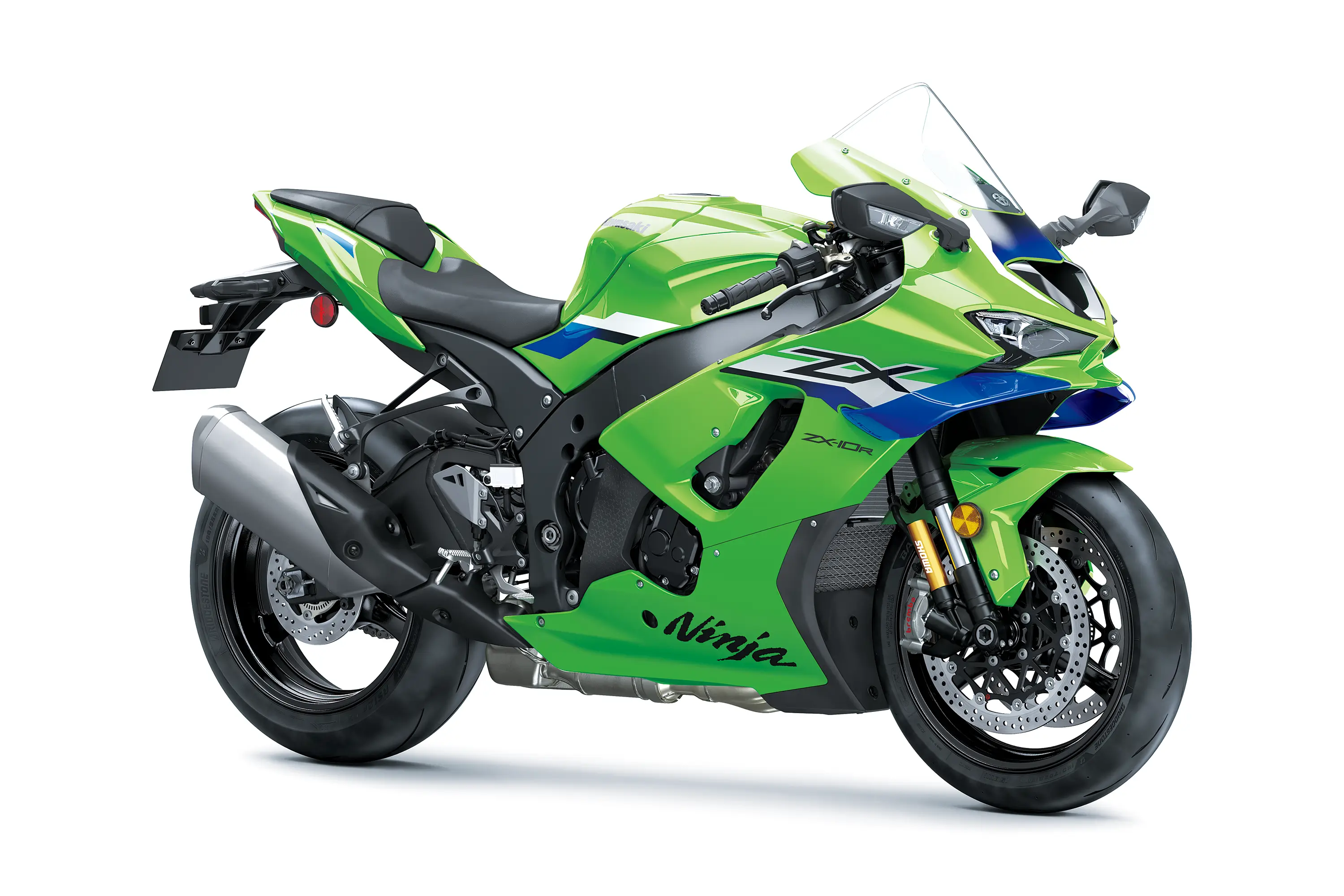 Three-quarter front angle of a motorcycle staged in a white studio background.