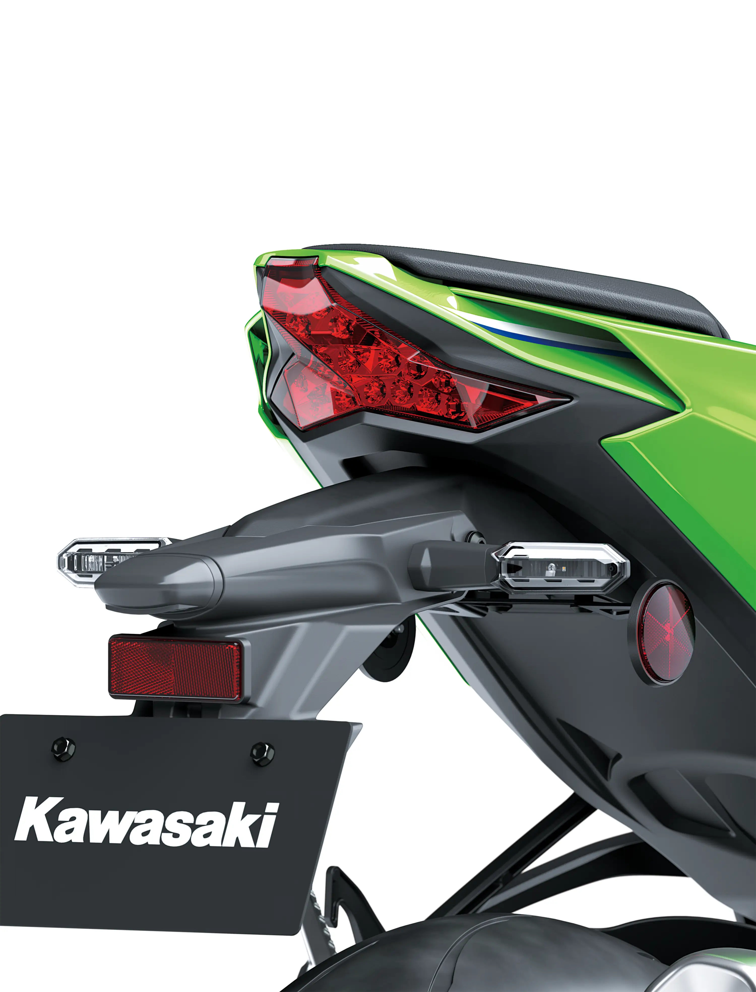 Close-up of the rear fender of a motorcycle staged in a white studio background.