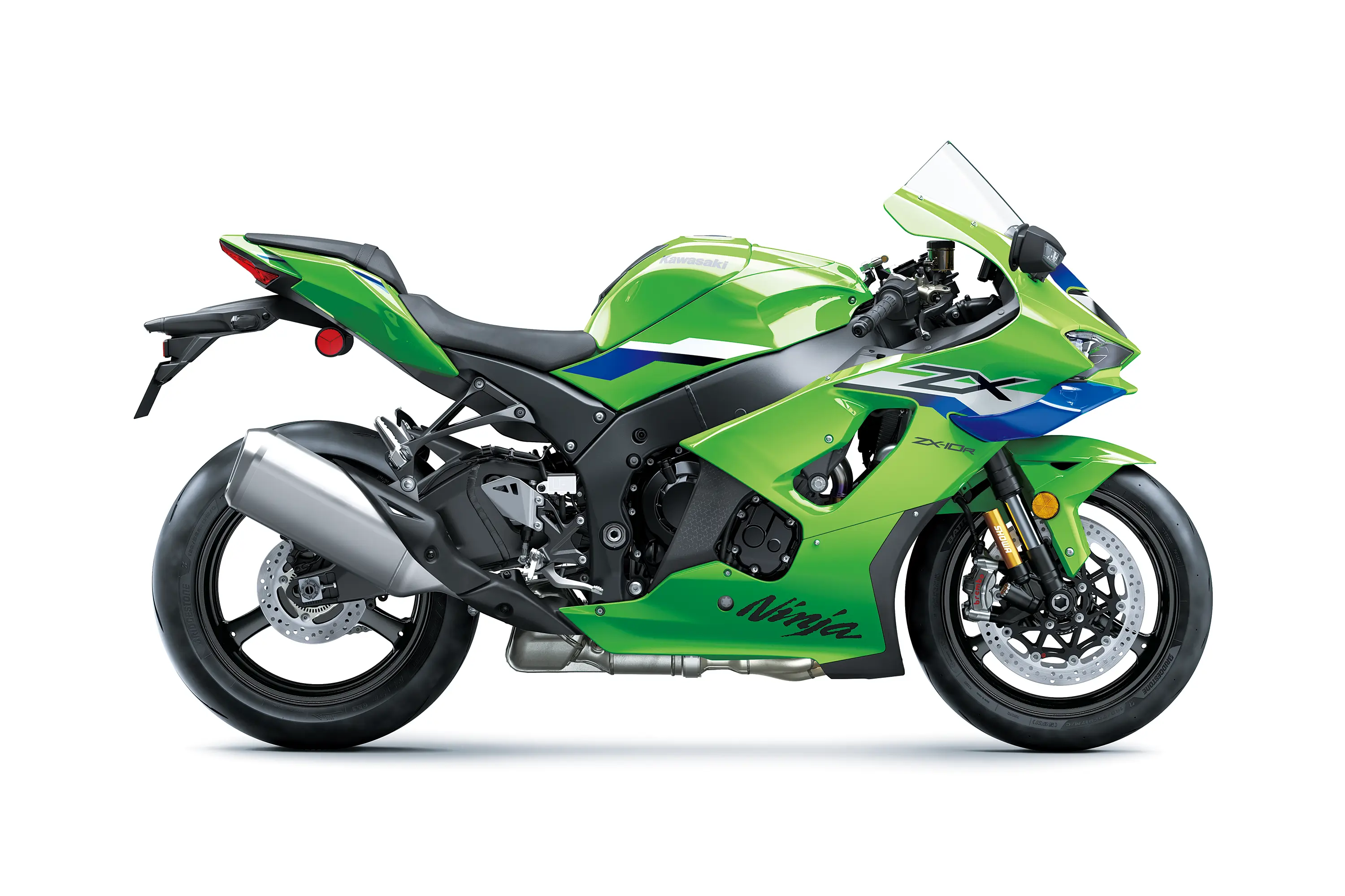 Side angle of a motorcycle staged in a white studio background.
