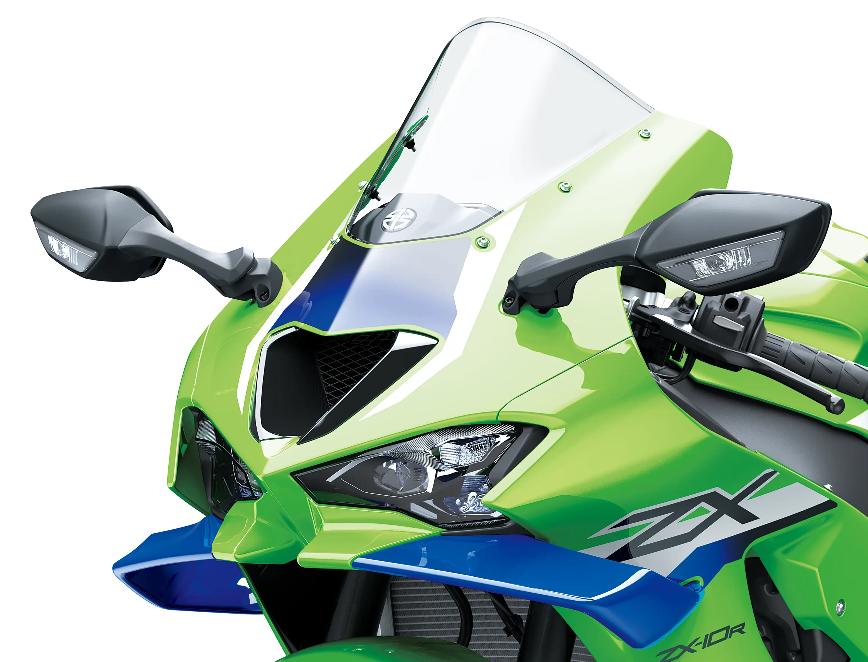 Close-up of the front-end of a motorcycle staged in a white studio background.