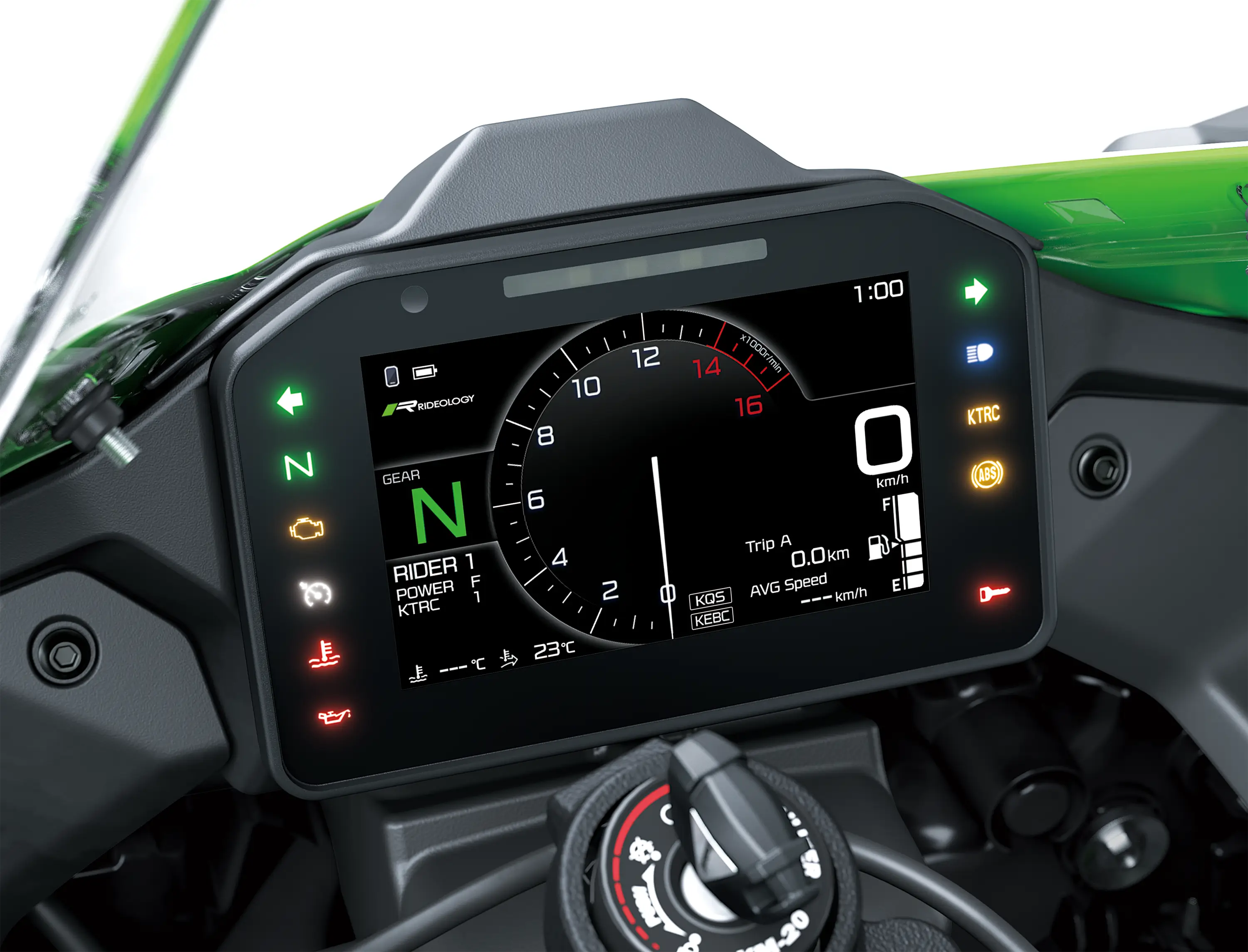 Close-up of the instrumentation of a motorcycle staged in a white studio background.