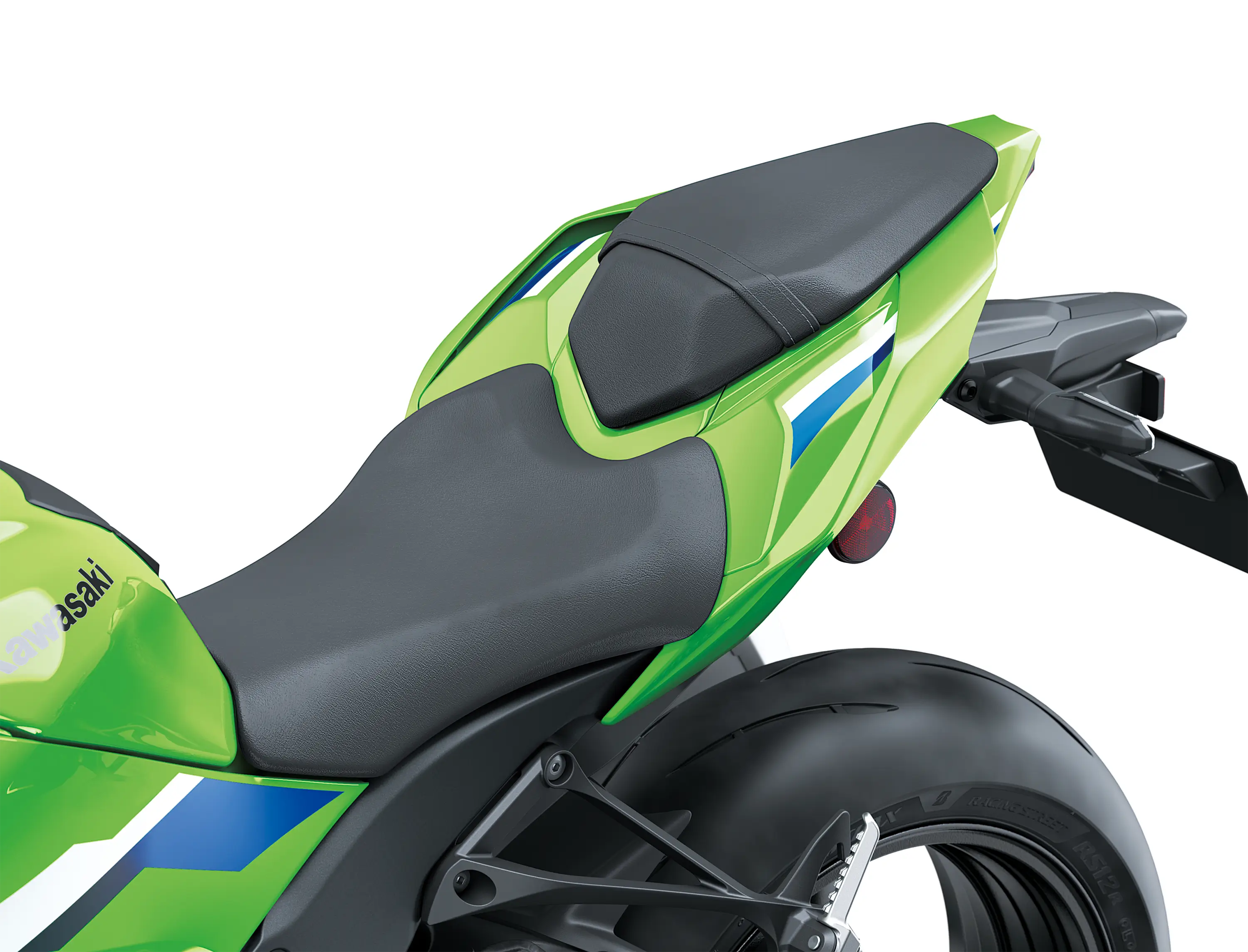 Close-up of the seat of a motorcycle staged in a white studio background.