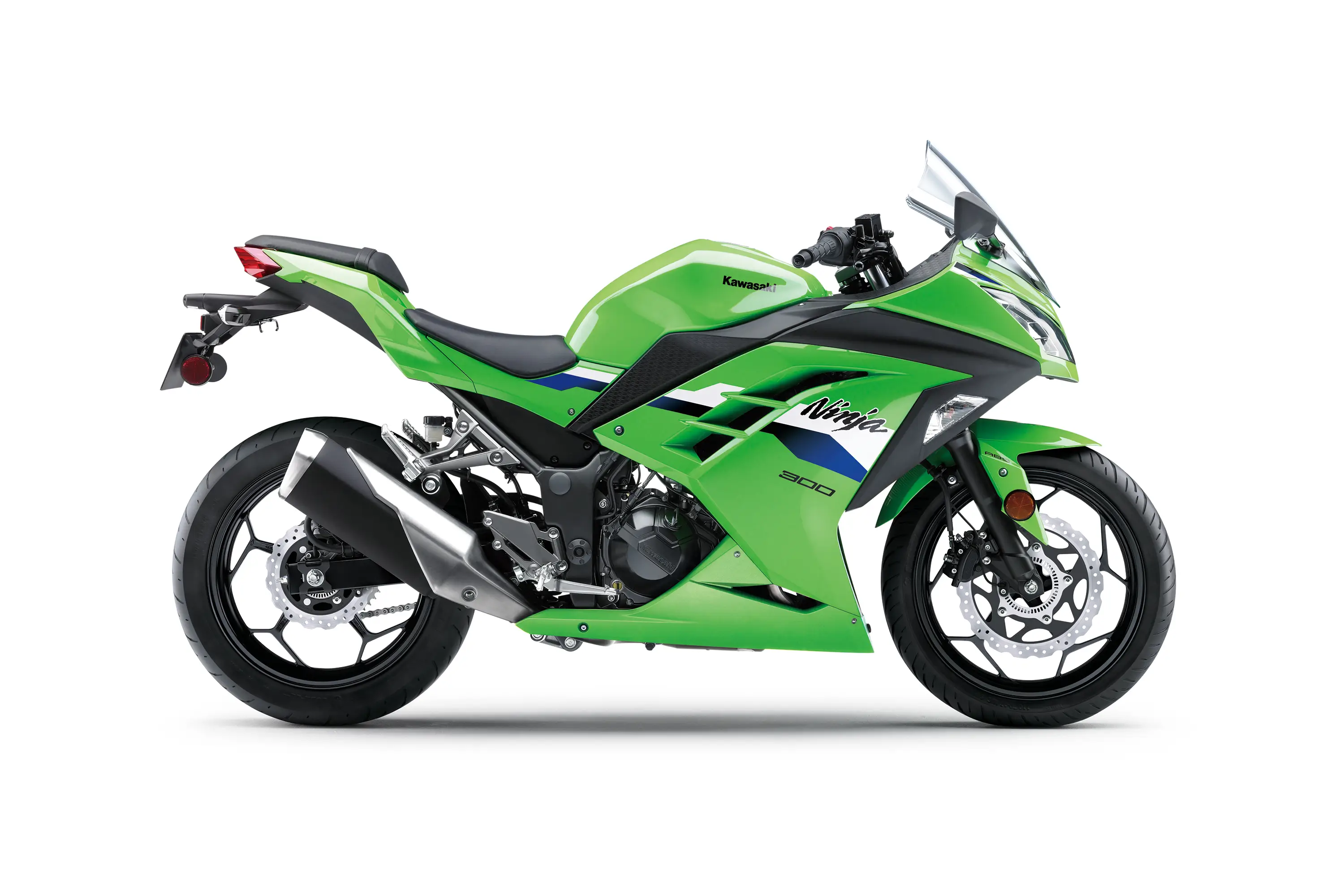 Profile angle of a motorcycle staged in a white studio background.