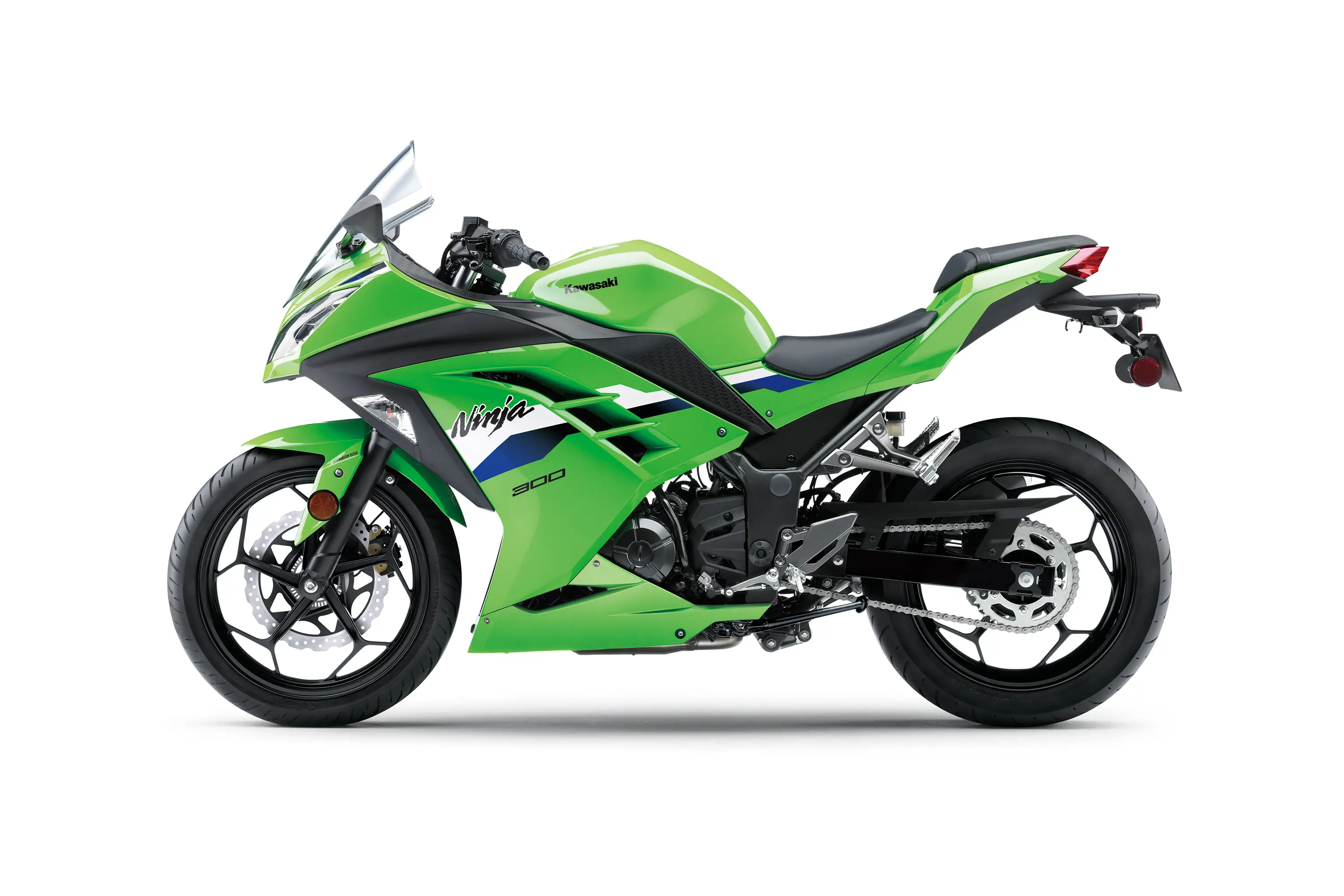 Side angle of a motorcycle staged in a white studio background.
