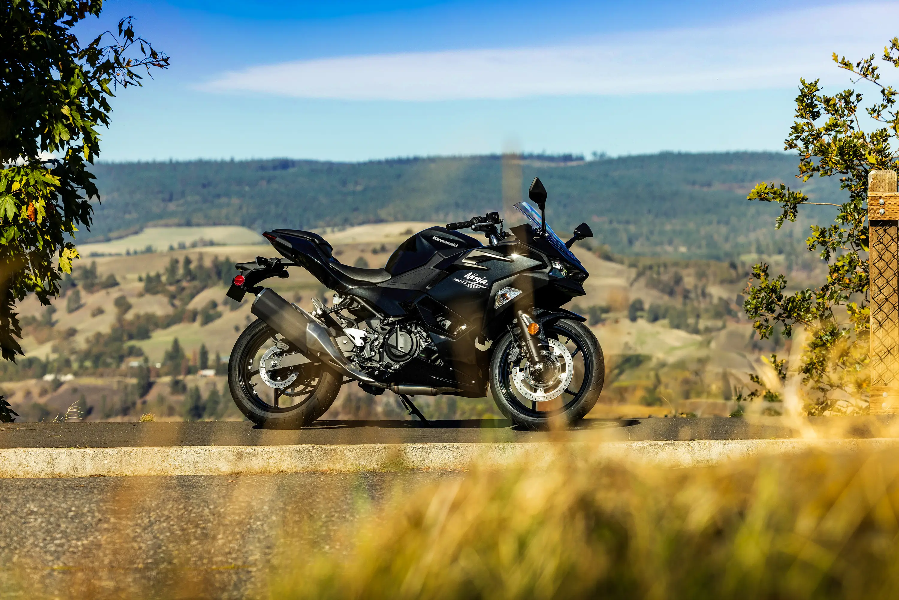Side angle of a motorcycle staged on a paved path.