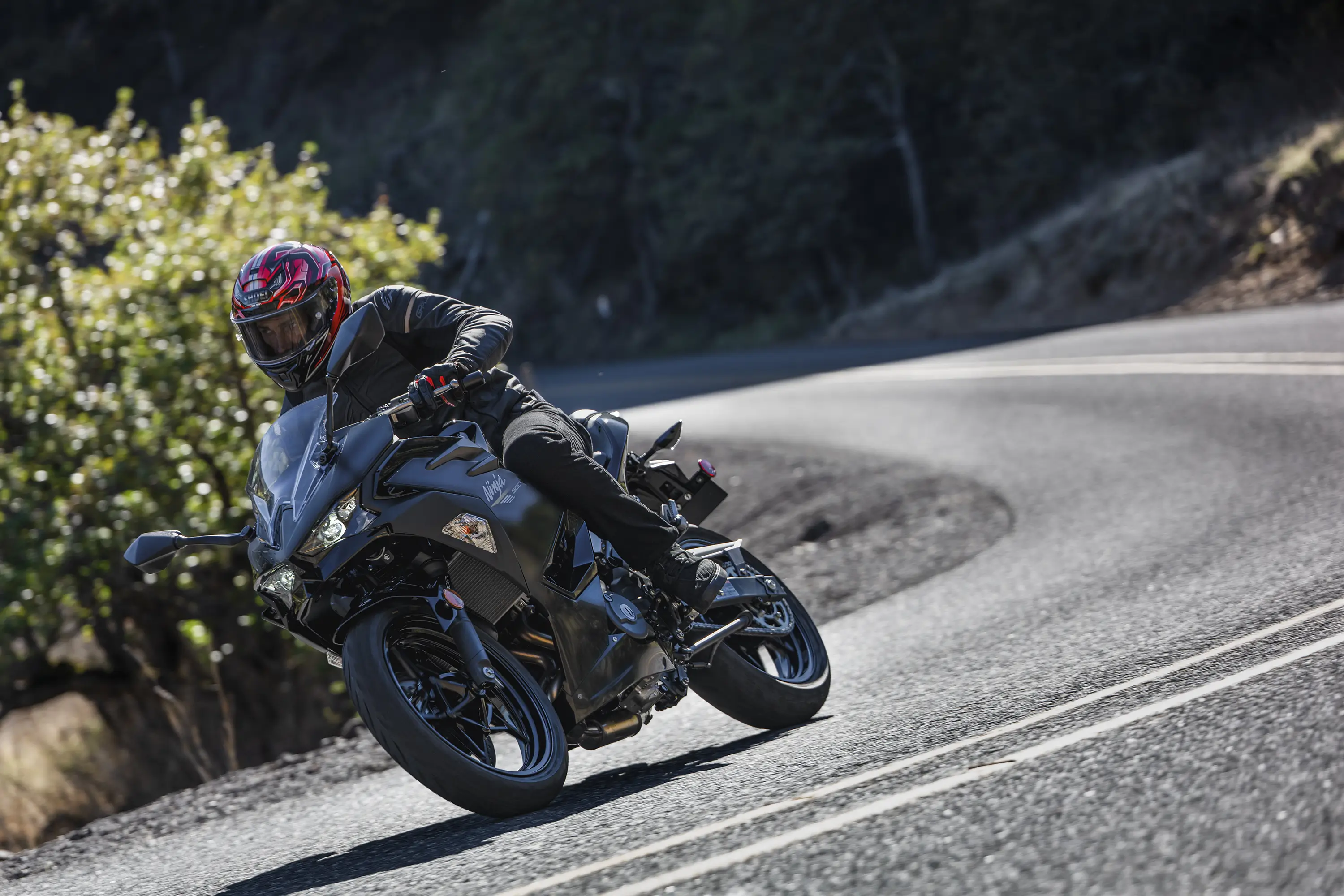 Three-quarter front angle of a person riding a motorcycle around a bend in a road.
