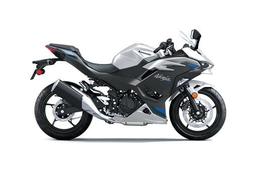 Profile angle of a silver motorcycle staged in a white studio background. opens in a new window