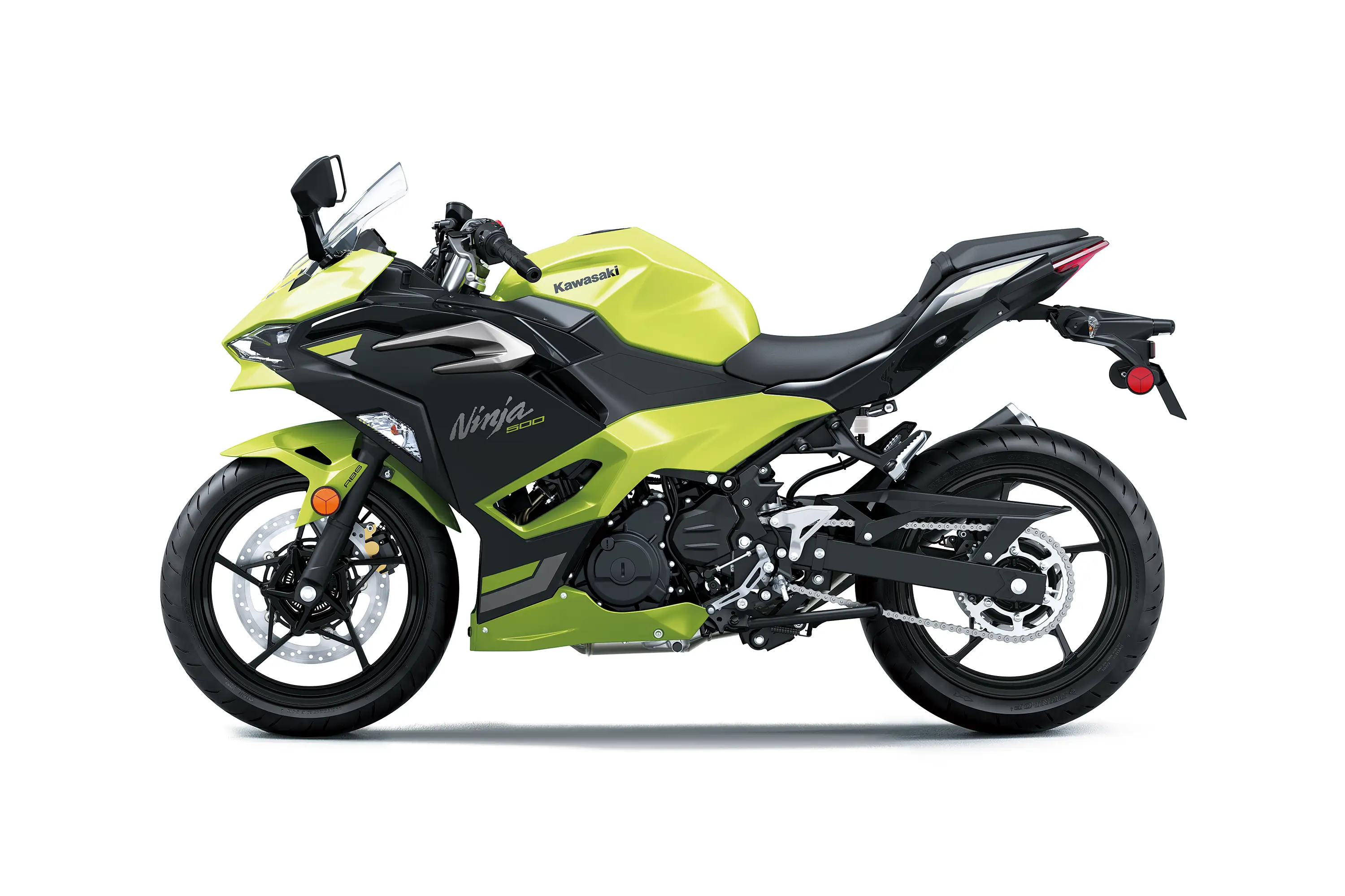 Side angle of a motorcycle staged in a white studio background.