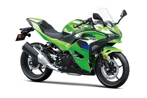 Three-quarter front angle of a green motorcycle staged in a white studio background. opens in a new window