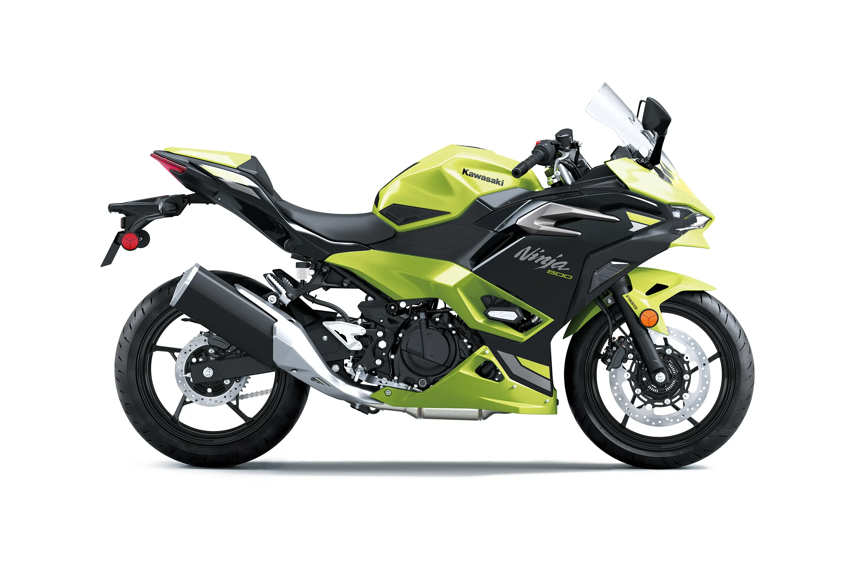 Side angle of a motorcycle staged in a white studio background.