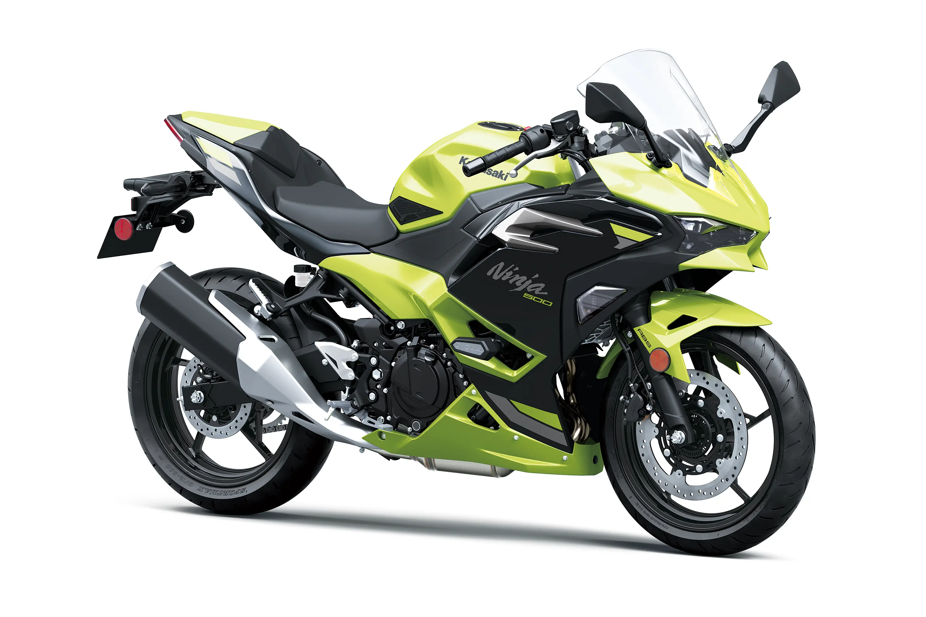 Three-quarter front angle of a motorcycle staged in a white studio background.