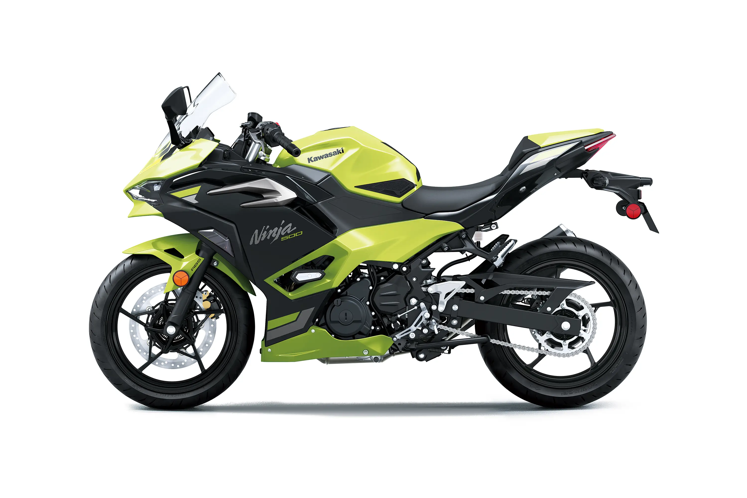 Profile angle of a motorcycle staged in a white studio background.