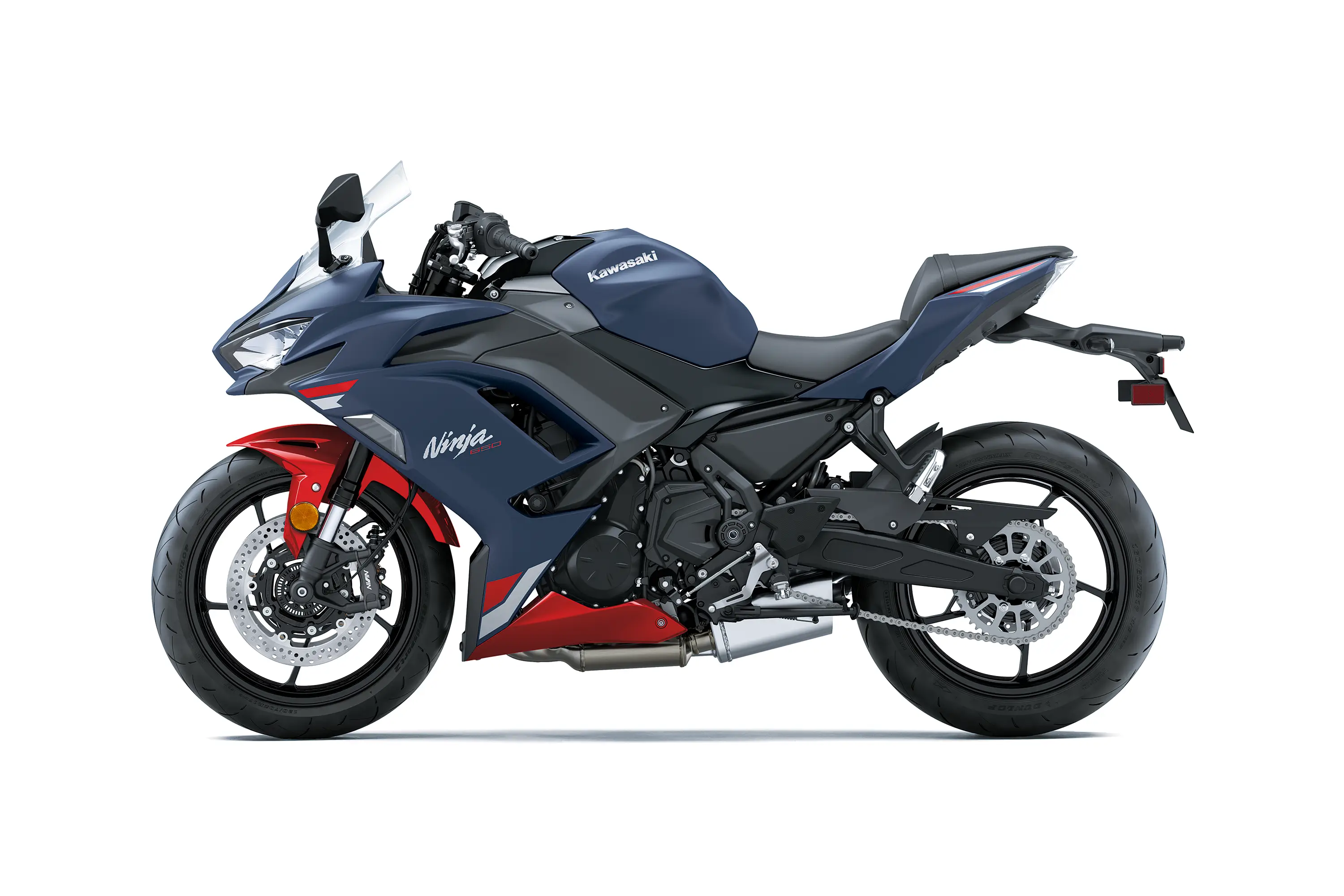 Profile angle of a blue motorcycle staged in a white studio background.