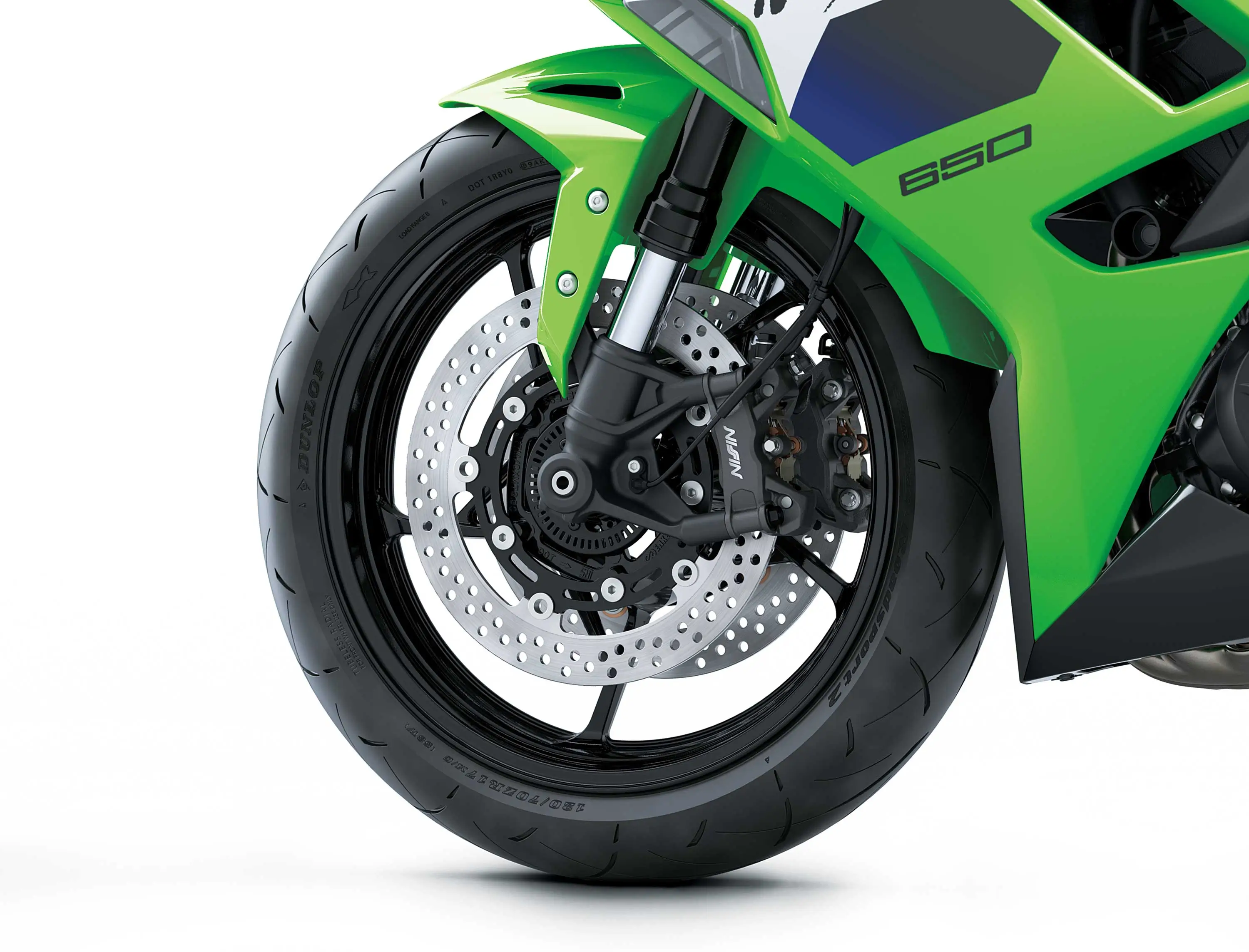Front wheel of a motorcycle staged in a white studio background.