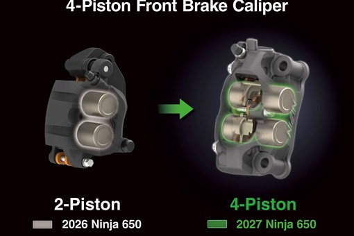 Graphic treatment of a motorcycle 4-piston front brake caliper. opens in a new window