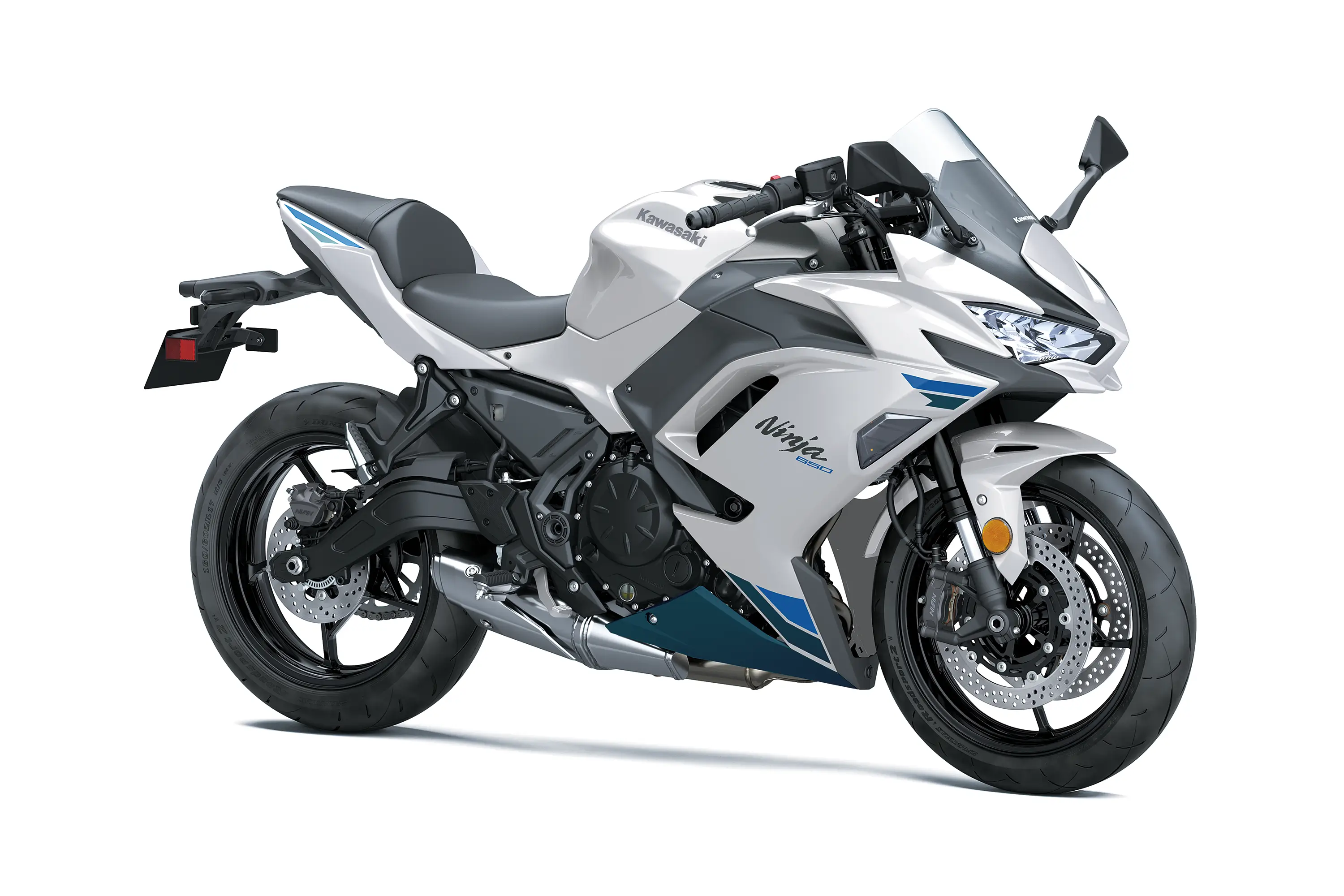 Three-quarter front angle of a white motorcycle staged in a white studio background.
