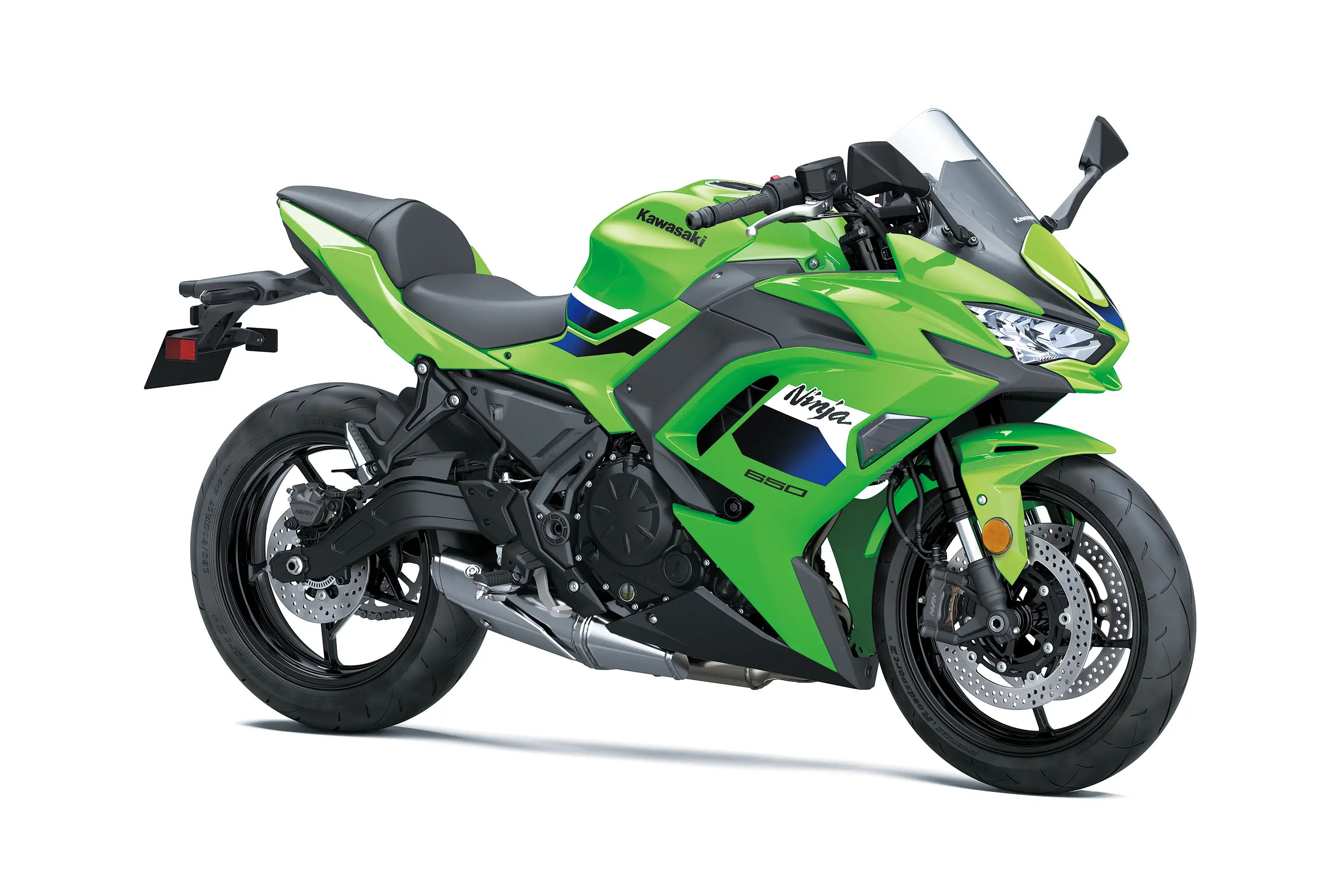 Three-quarter front angle of a motorcycle staged in a white studio background.